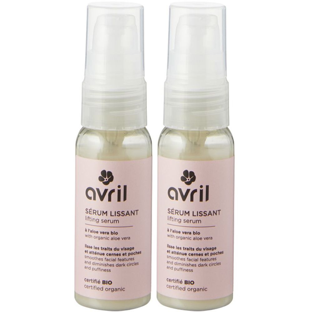 Zwei Flaschen Serum mit rosa Etiketten. Aufschrift: Avril, Serum Lissant, zertifiziert Bio. Mit Pumpspender.