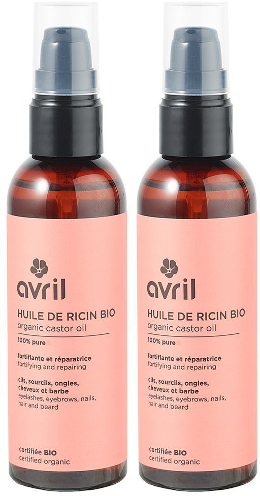 Zwei Flaschen mit braunem Öl, rosa Etikett mit Text. Aufschrift: Avril Huile de ricin BIO. Mit Spender und transparenter Kappe.