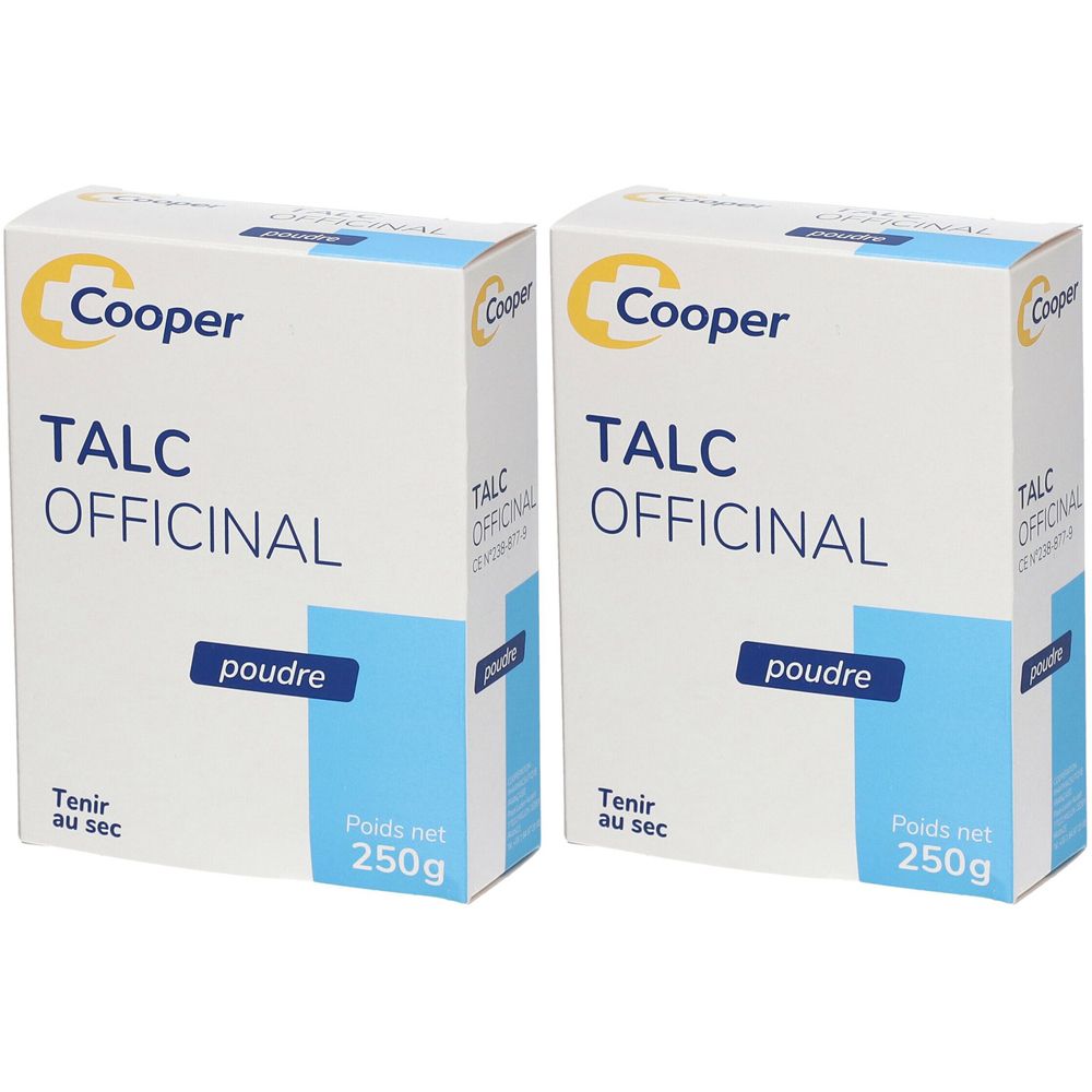 Deux boîtes TALC OFFICINAL, marque Cooper. Inscription: Poids net 250g. Texte: Tenir au sec. Fond blanc, détails bleus.