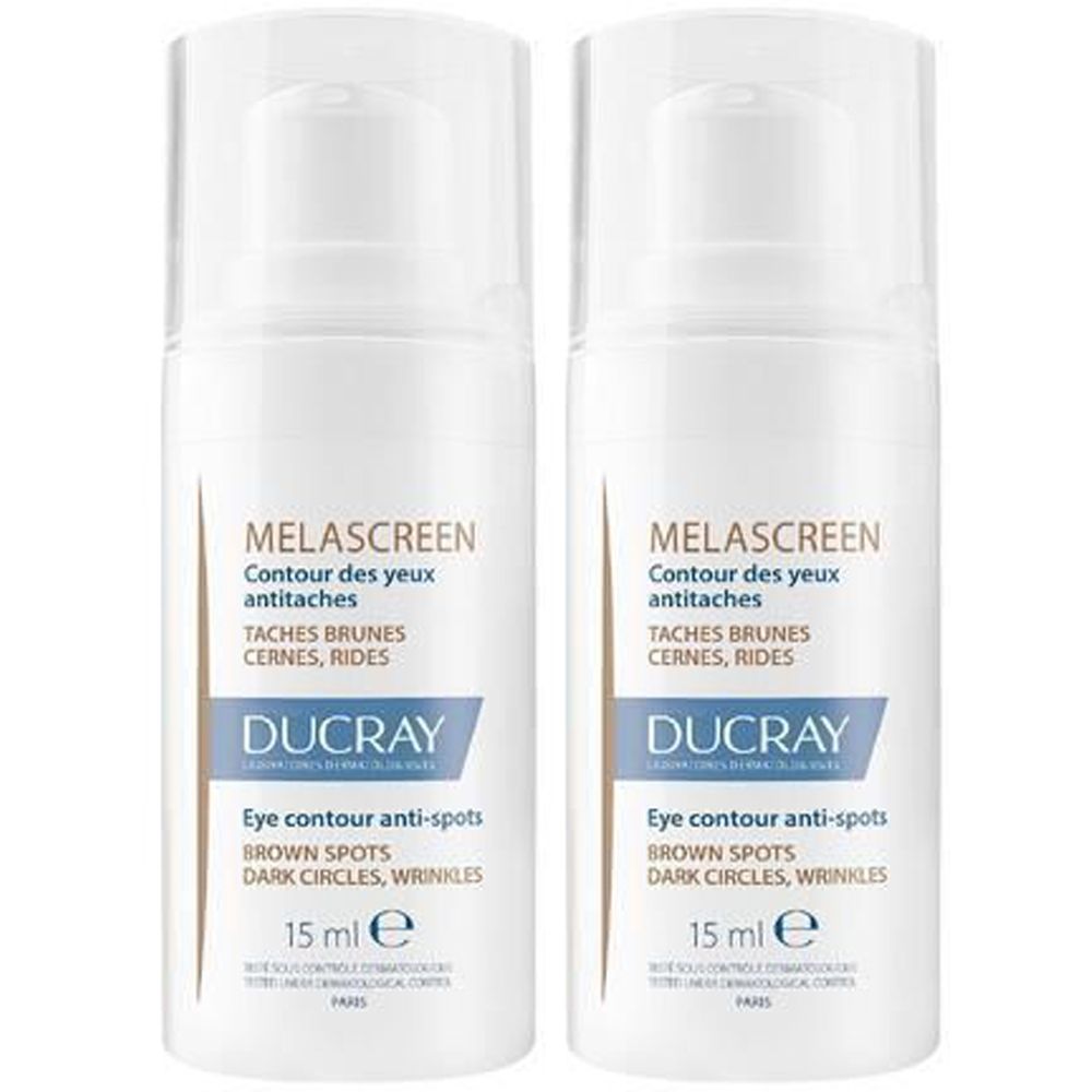 Zwei weiße Flaschen mit Aufschrift MELASCREEN, DUCRAY. Text: Eye contour anti-spots, 15 ml. Gegen dunkle Flecken, Augenringe und Falten.