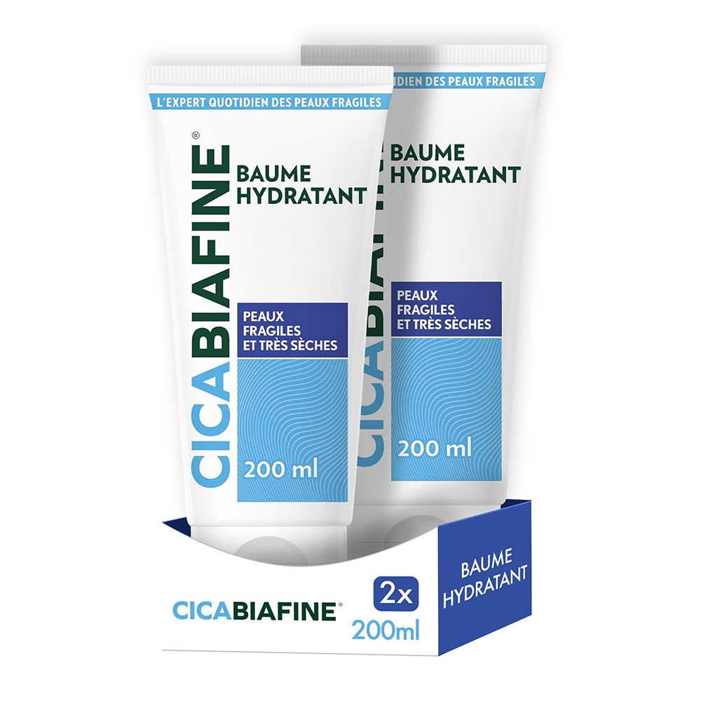 Plusieurs tubes et boîtes. Inscription: CicaBiafine, Baume Hydratant Anti-Dessèchement. Pour peaux très sèches et irritées. 200ml.