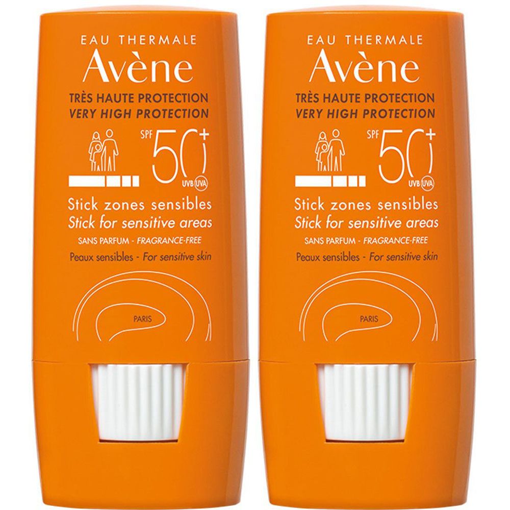 Deux sticks solaires orange. Inscription: Avène, Très Haute Protection SPF 50+. Pour zones sensibles et peaux.