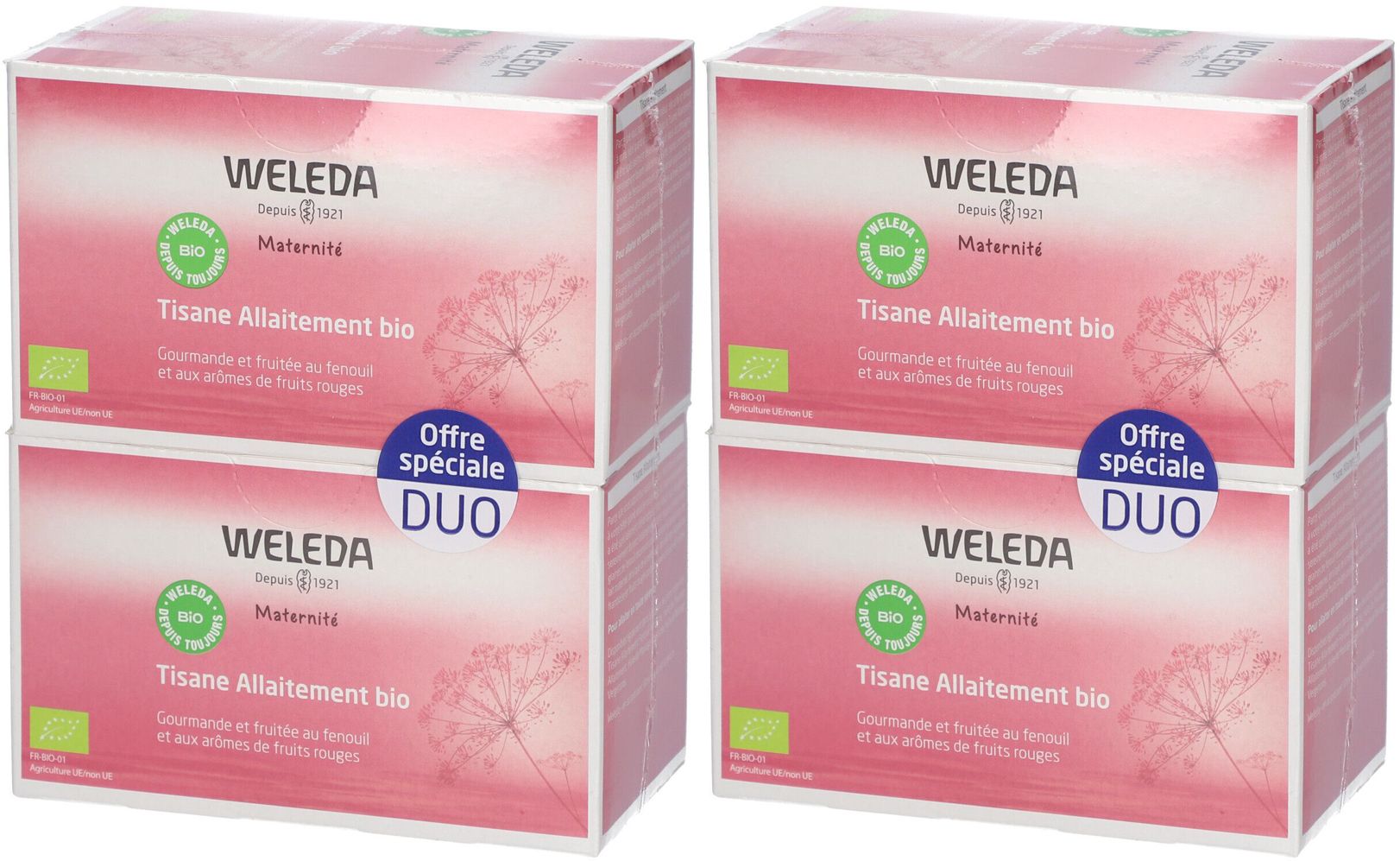 Zwei gestapelte Kartons. Aufdruck: WELEDA, Tisane Allaitement bio, Duo-Angebot. Bio-Siegel.