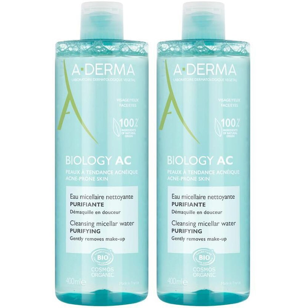 Zwei Flaschen A-DERMA BIOLOGY AC Reinigungswasser. Hellblaue Flaschen mit weißem Deckel. Text: BIOLOGY AC, Eau micellaire nettoyante.