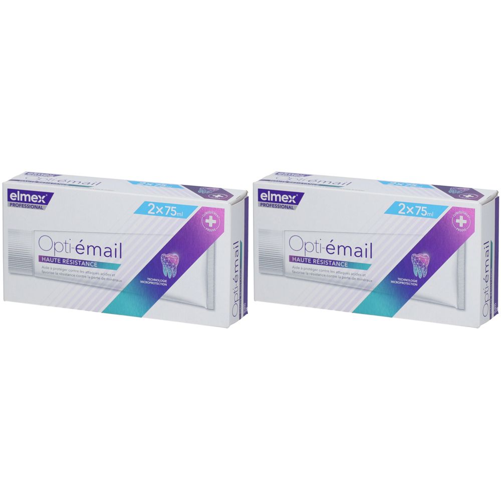 Deux boîtes de dentifrice elmex Professional Opti-émail. Inscription: Opti-émail HAUTE RÉSISTANCE, 2x75ml. Logo: elmex Professional.