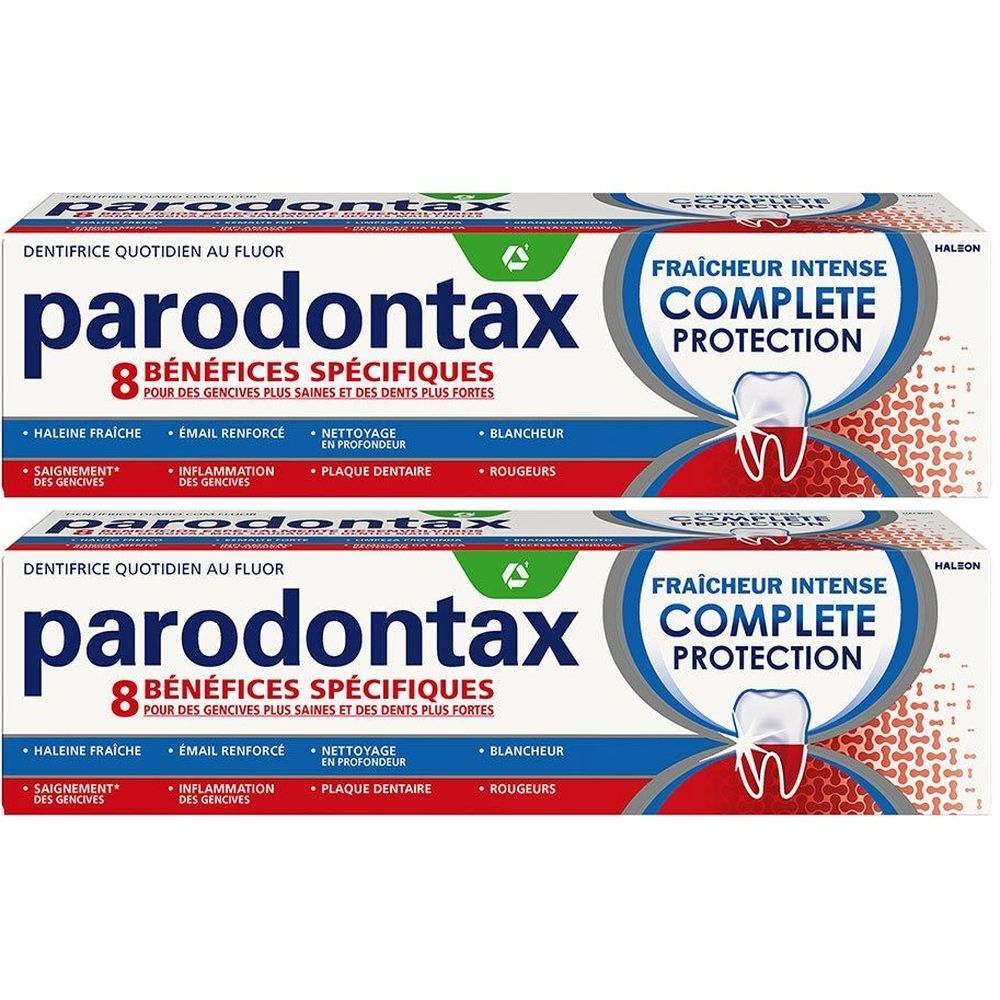Deux boîtes de dentifrice. Inscription: parodontax, Fraîcheur Intense Complete Protection. 8 Bénéfices Spécifiques.