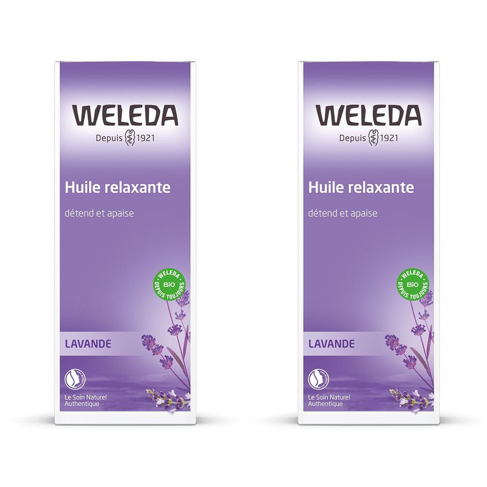 Zwei rechteckige Flakons mit lila Etikett. Aufschrift: WELEDA, Huile relaxante, Lavande. Bio-Siegel.