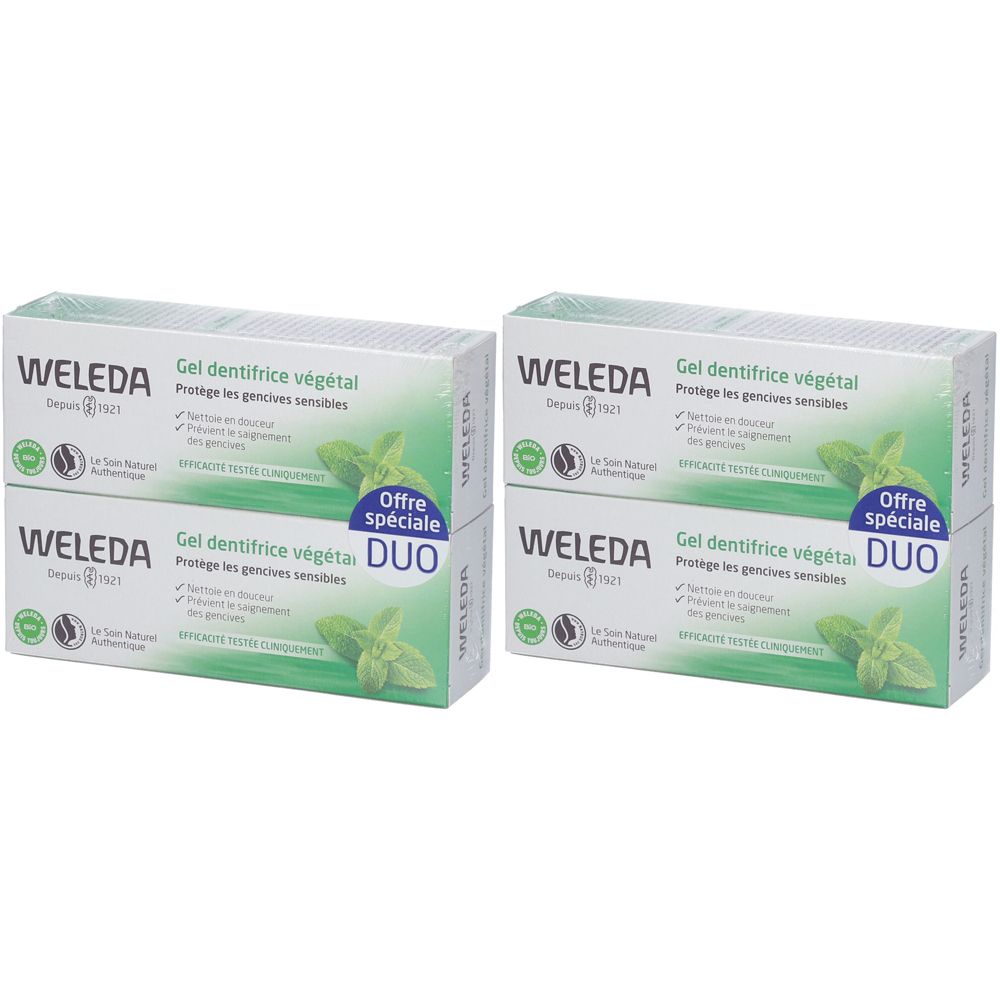 Deux boîtes de WELEDA Gel dentifrice végétal. Inscription: Duo, Offre spéciale. Image de menthe. Depuis 1921.