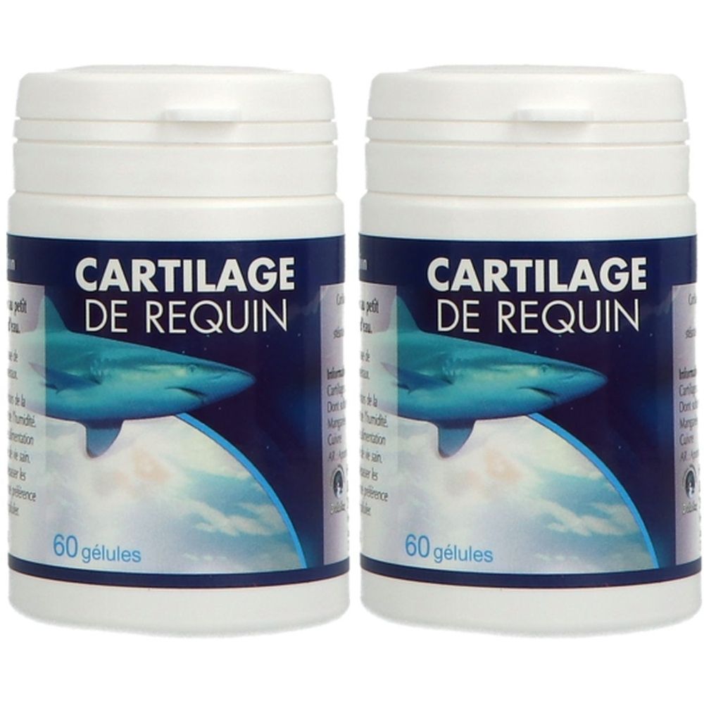 Zwei weiße Flaschen mit blauer Aufschrift "CARTILAGE DE REQUIN" und einem Hai-Bild. Aufschrift: 60 gélules.
