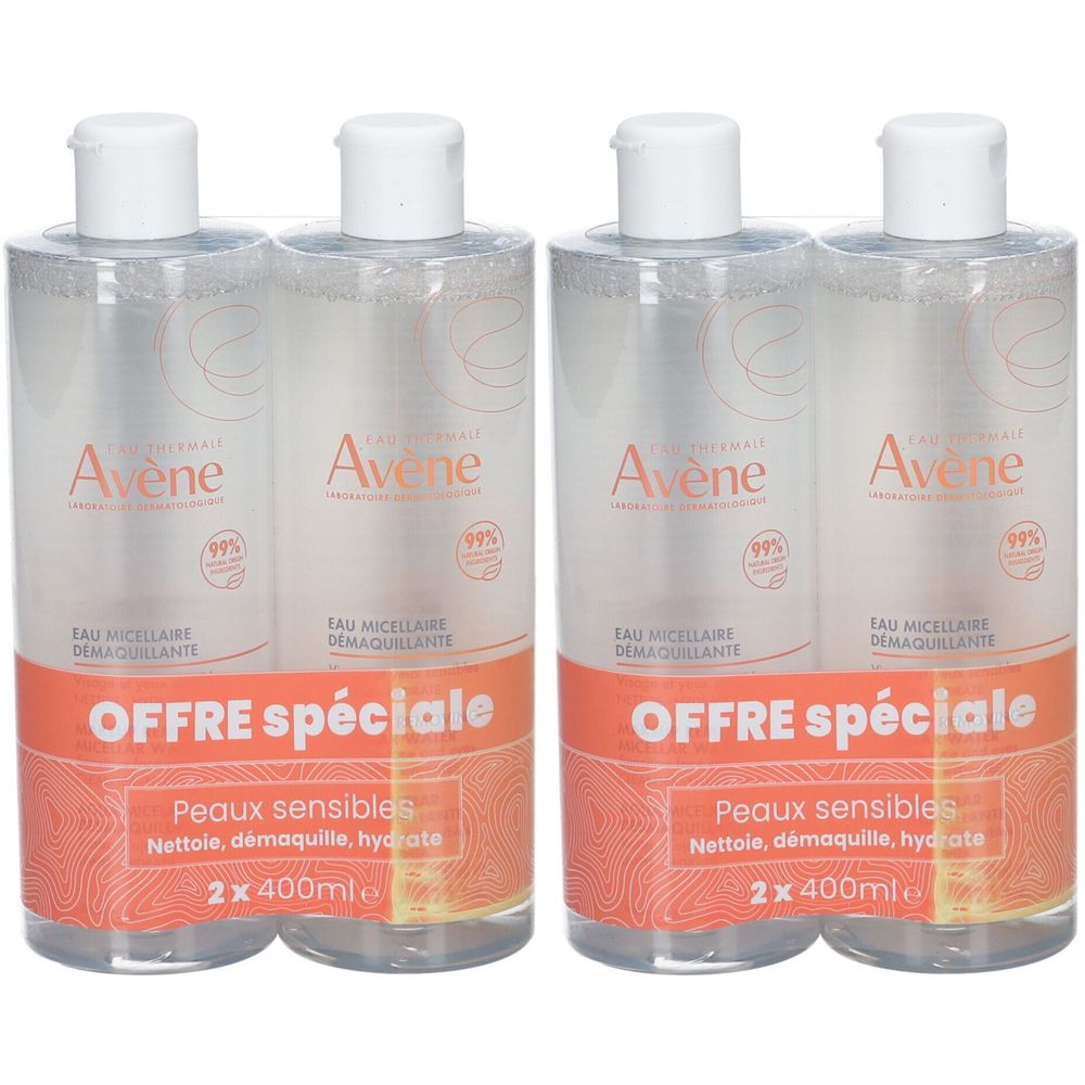 Zwei Doppelpacks Avène Mizellenwasser. Jede Flasche hat einen weißen Deckel. Aufschrift: "OFFRE spéciale", "Peaux sensibles".