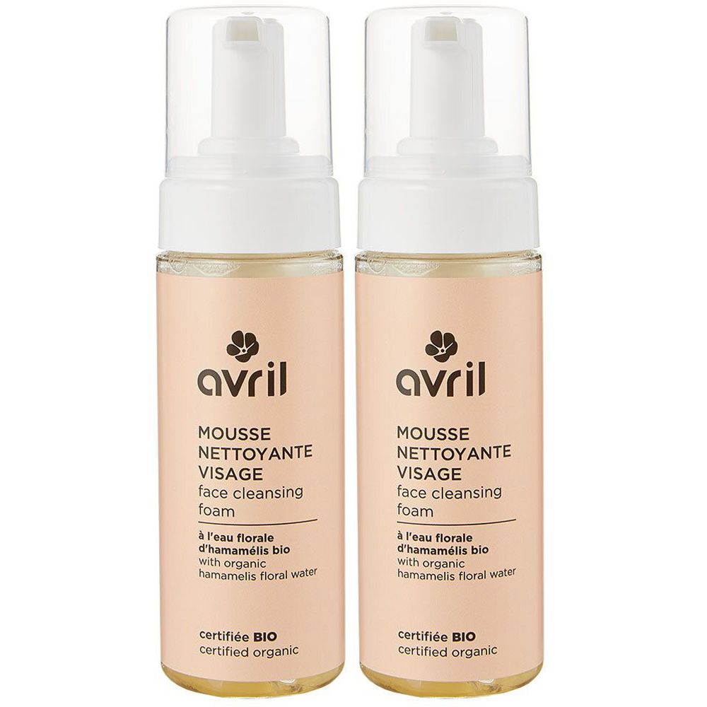 Zwei Flaschen Reinigunsschaum. Aufschrift: avril, MOUSSE NETTOYANTE VISAGE, face cleansing foam, zertifiziert BIO. Transparente Kappe und Sprühkopf.