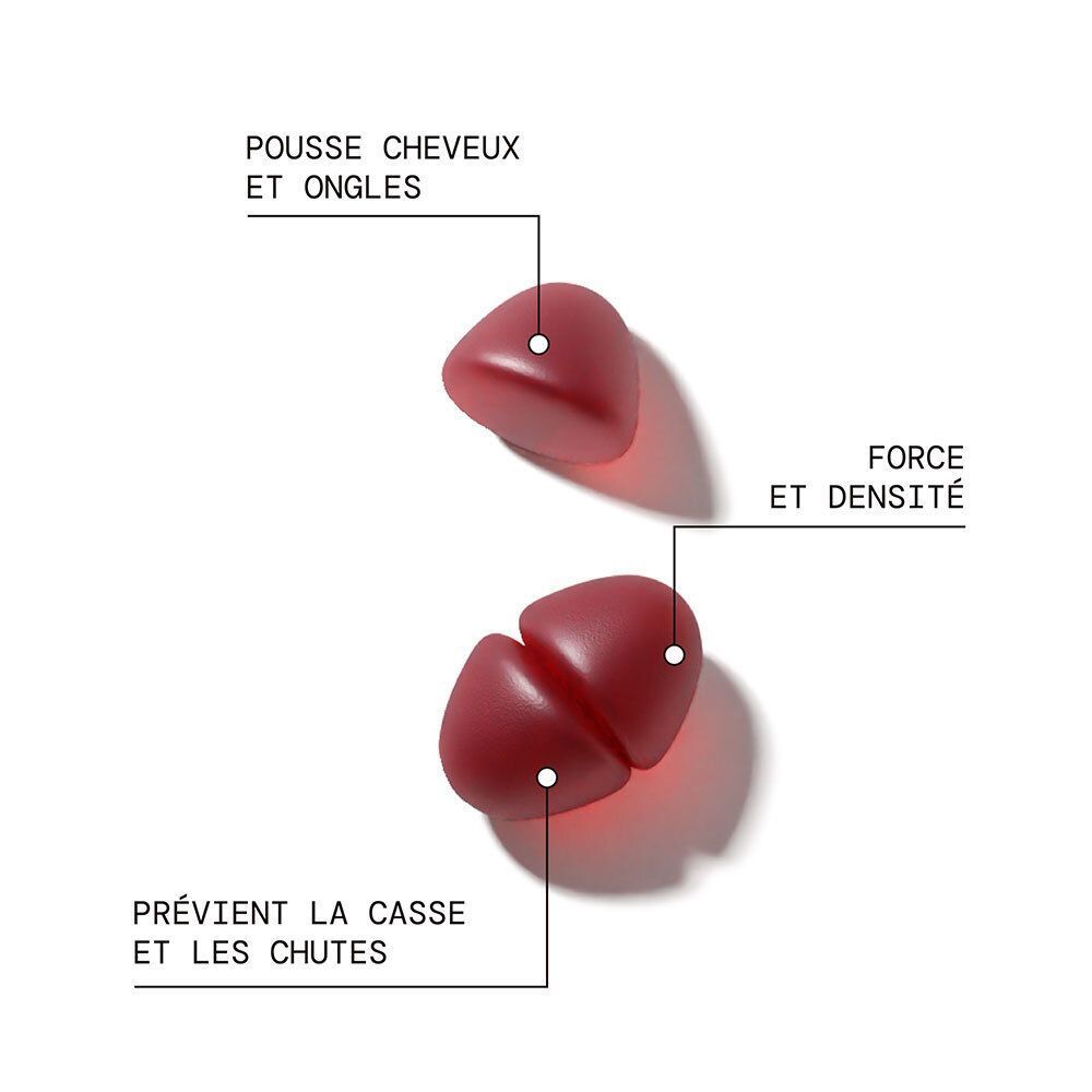 Deux gummies rouges en forme de cœur. Inscriptions: Pousse Cheveux et Ongles, Force et densité, Prévient la casse.