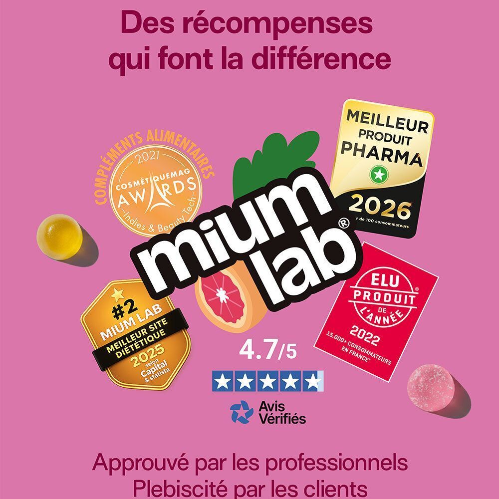 Plusieurs récompenses et le logo mium lab. Texte: Meilleur Produit Pharma 2026, Elu Produit de l'année 2022.