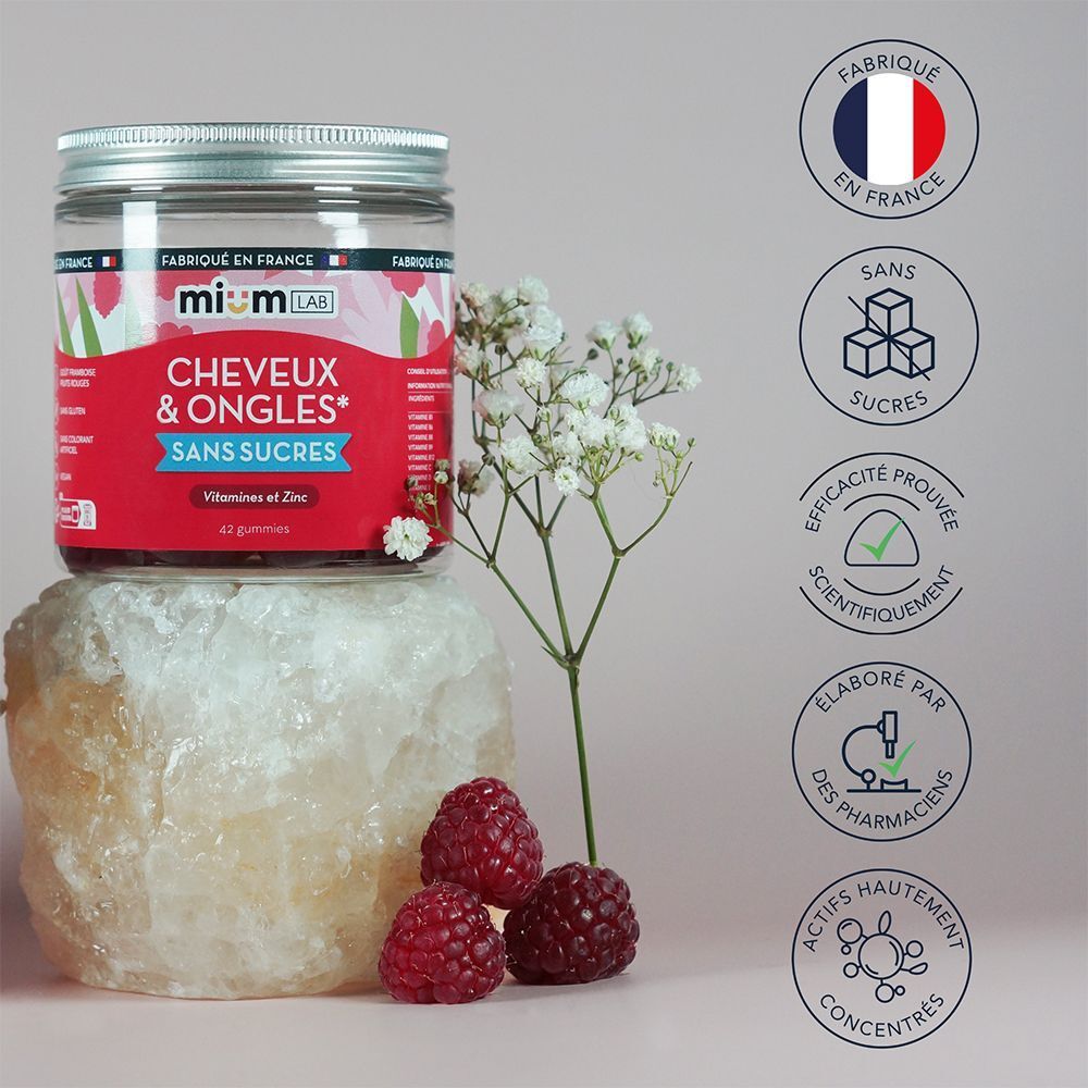 Pot de gummies mium lab Cheveux & Ongles. Texte: Sans sucres, Vitamines et Zinc. Drapeau français, icônes.