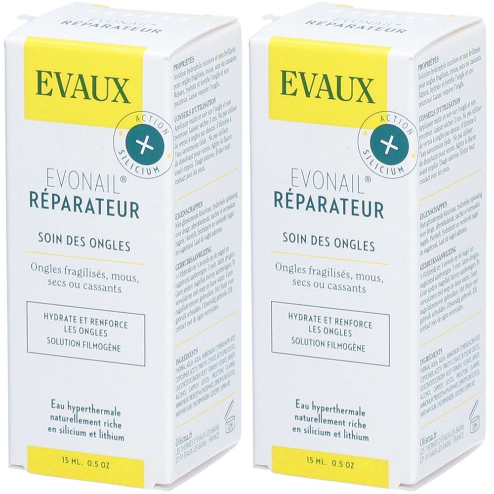 Deux boîtes Evaux Evonail® Réparateur. Emballage blanc avec accents jaunes. Texte: EVONAIL RÉPARATEUR, SOIN DES ONGLES, 15 ml.