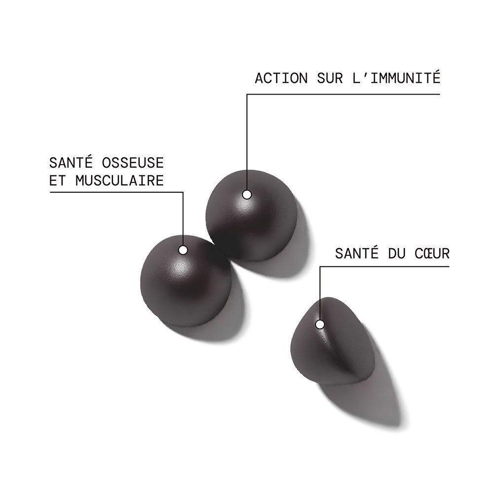 Trois gummies noirs. Inscriptions: Santé osseuse et musculaire, immunité, santé cardiaque.