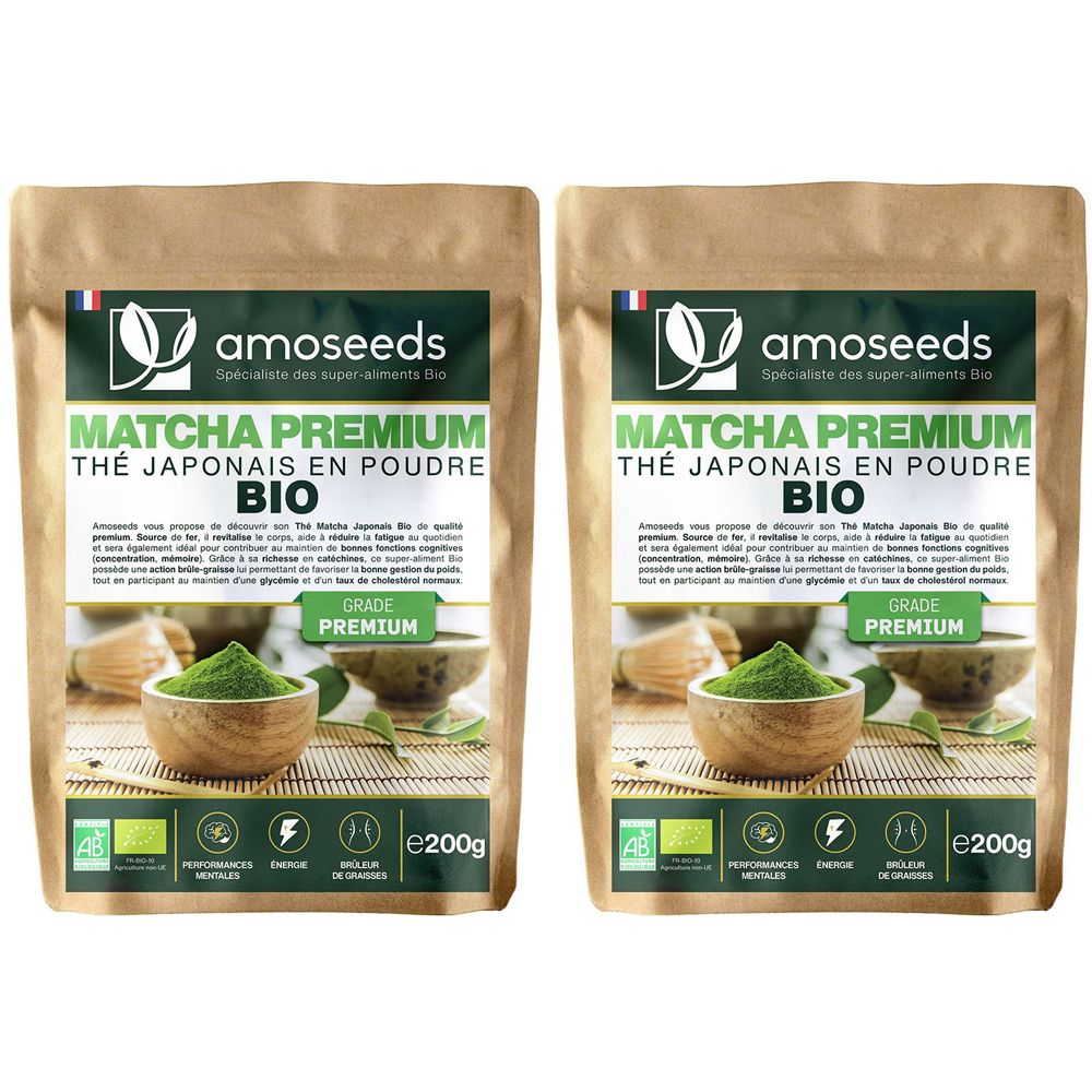 Zwei Beutel Matcha Premium Thé japonais en poudre bio. Aufdrucke: amoseeds, BIO, Premium, e200g.