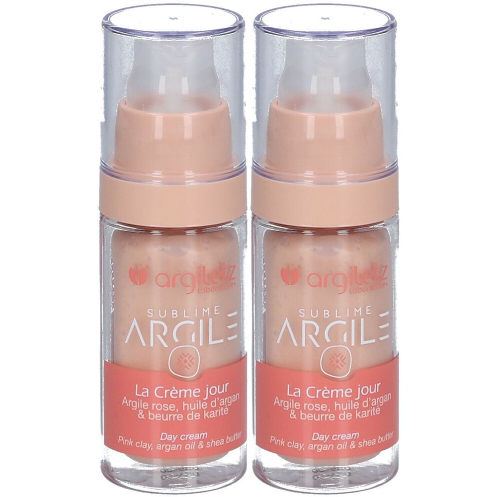 Zwei Cremes mit rosa Inhalt, Argiletz. Klare Flaschen mit rosa Deckel und transparentem Verschluss. Aufschrift: Argile.