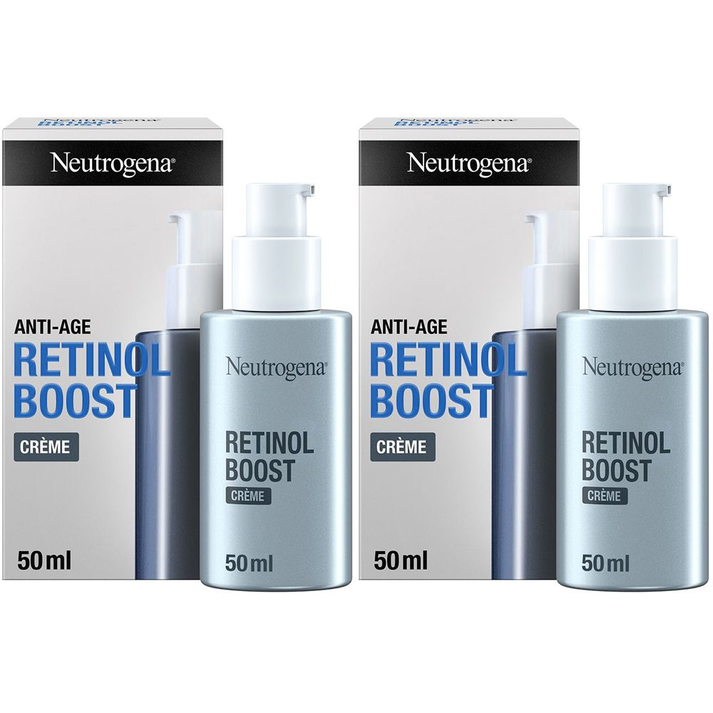 Deux flacons et emballages de Neutrogena Retinol Boost Crème. Flacons avec pompe, 50 ml. Emballage avec texte.