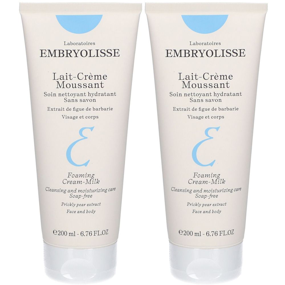 Deux tubes de Lait-Crème Moussant Embryolisse. Tubes blancs avec texte bleu. Inscription: Lait-Crème Moussant, Foaming Cream-Milk, 200 ml.