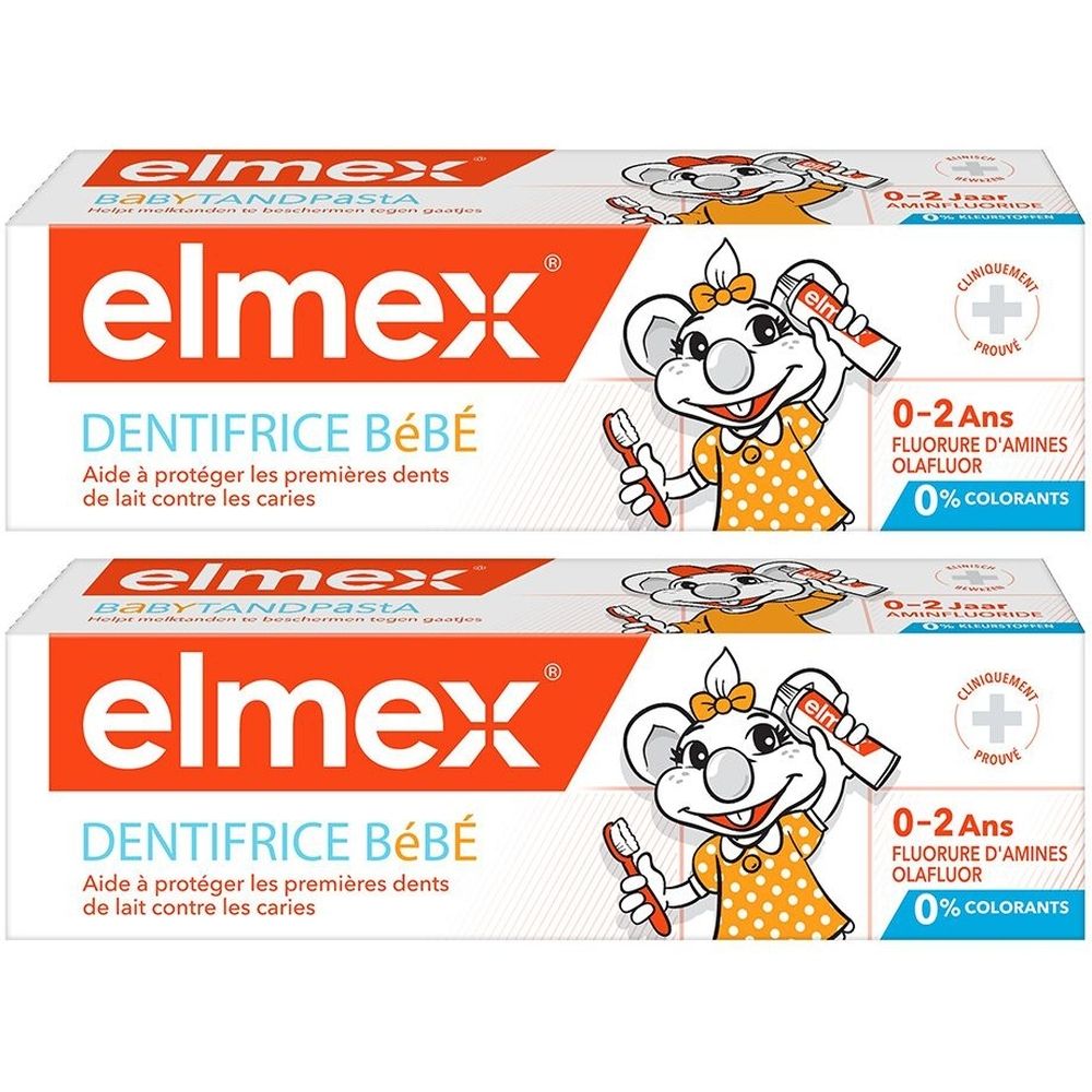 Zwei Tuben elmex® Bébé Dentifrice. Orange-weißes Design mit Cartoon-Maus. Text: DENTIFRICE BÉBÉ, 0-2 Ans, Fluorur.
