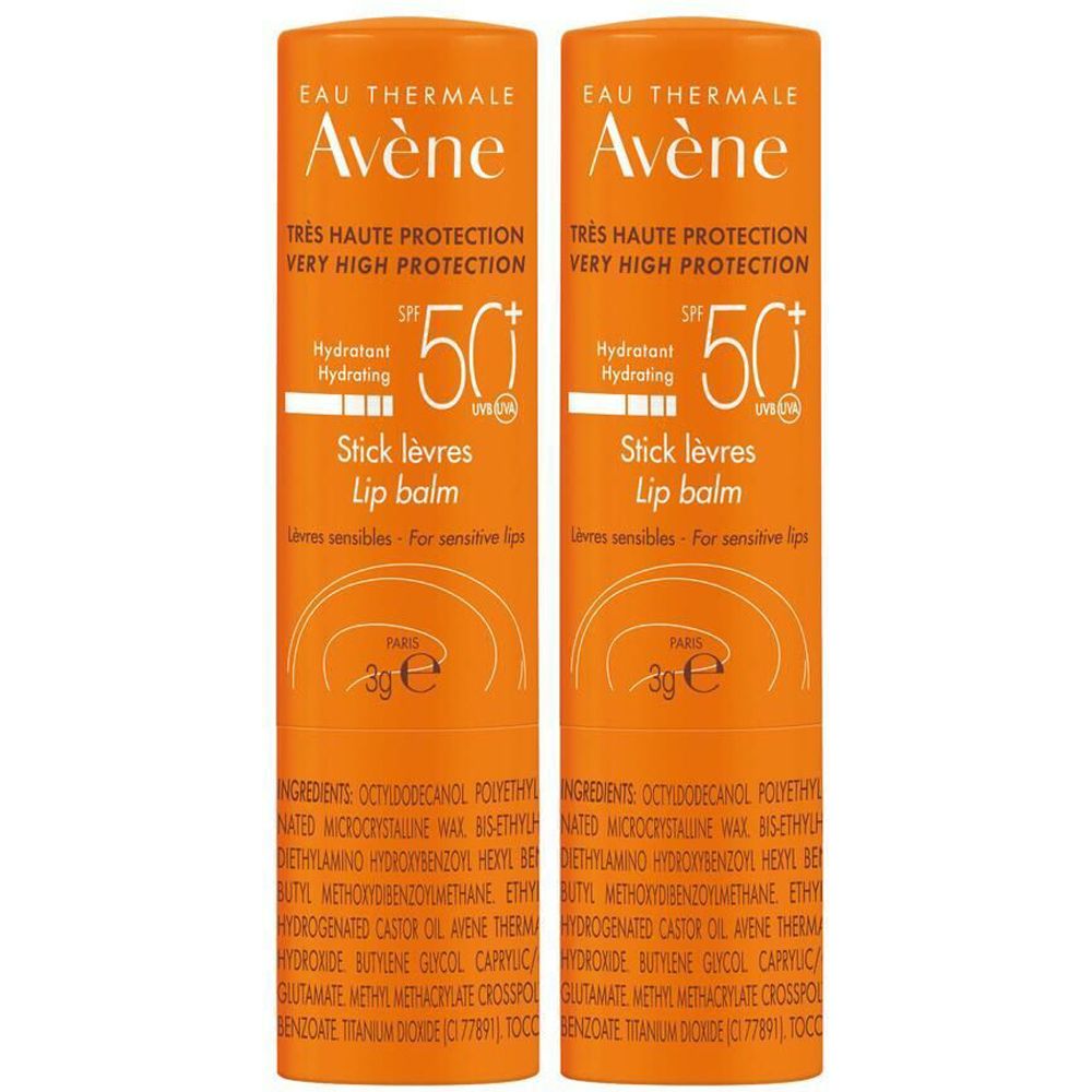 Deux sticks lèvres orange. Inscription : Avène, SPF 50+, Stick lèvres, 3g.