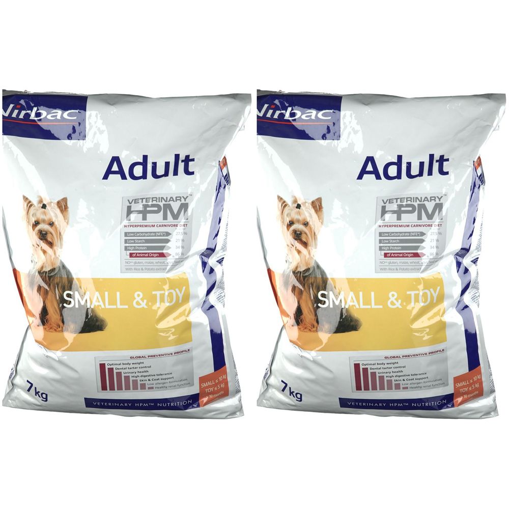 Zwei Säcke Hundefutter. Aufschrift: Virbac, Adult, HPM, Small & Toy. Gewicht: 7 kg. Abbildung eines Hundes.