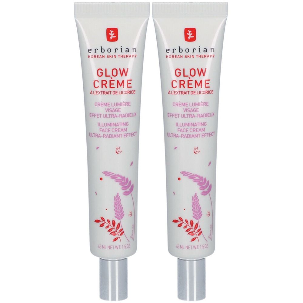 Deux tubes de Glow Crème. Blancs, avec impression. Logo Erborian et nom du produit. Texte : Crème Lumière Visage, Effet Ultra Radieux.