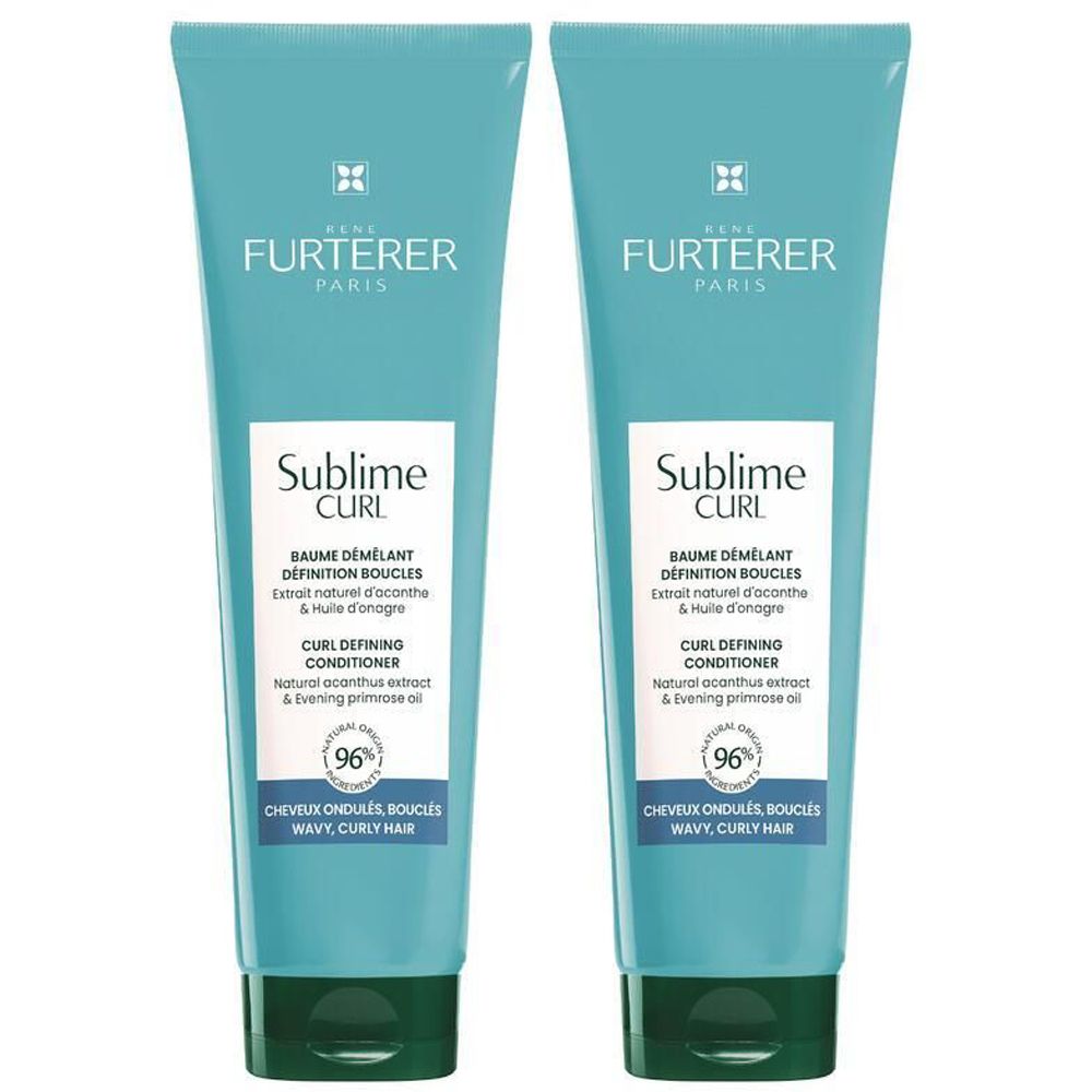 Zwei Tuben mit blaugrüner Farbe. Aufschrift: René Furterer, Sublime Curl, Baume démêlant définition boucles. Für welliges, lockiges Haar.