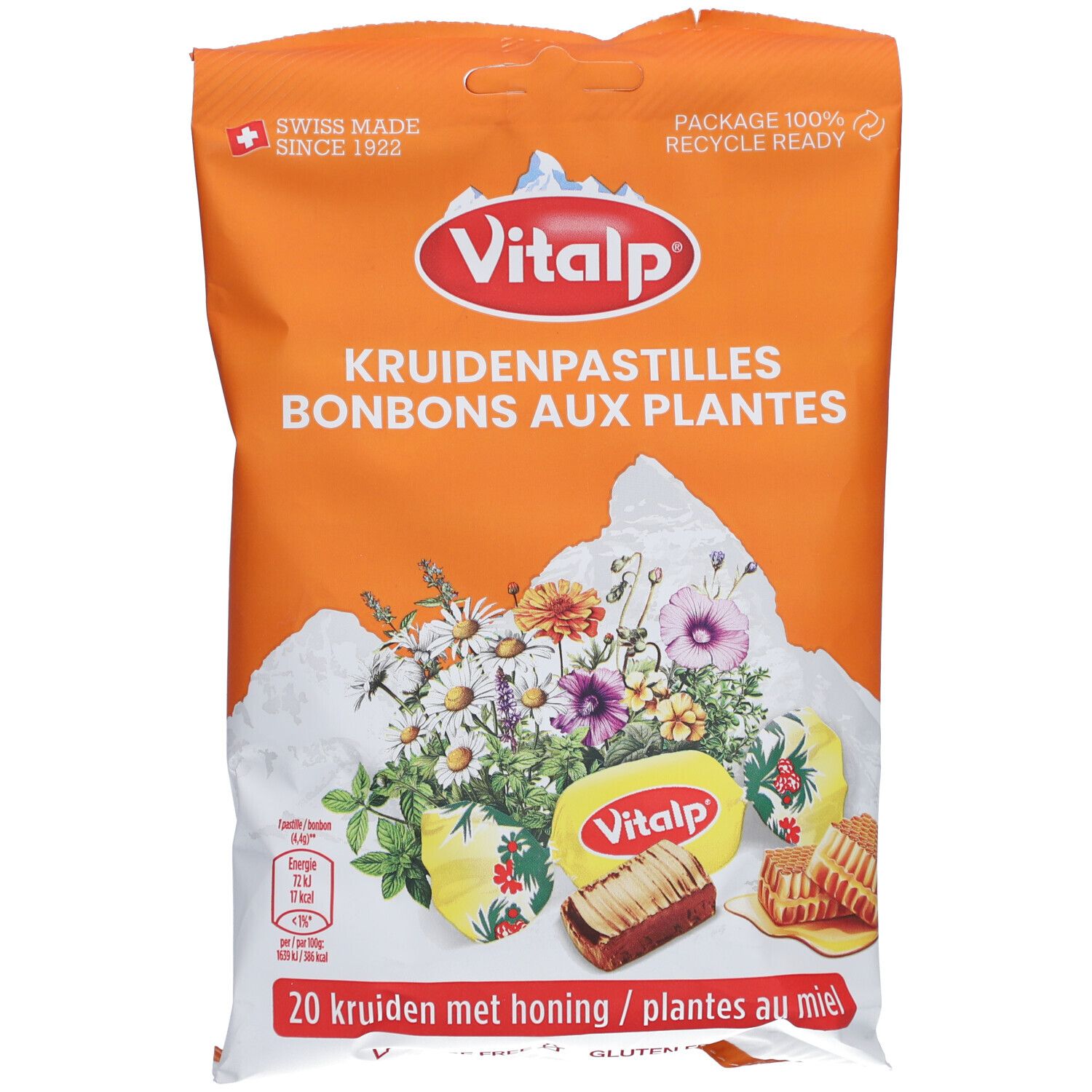 Beutel mit VITALP Bonbons. Orangefarbener Beutel mit Produktabbildung und Schriftzug. "Swiss Made".