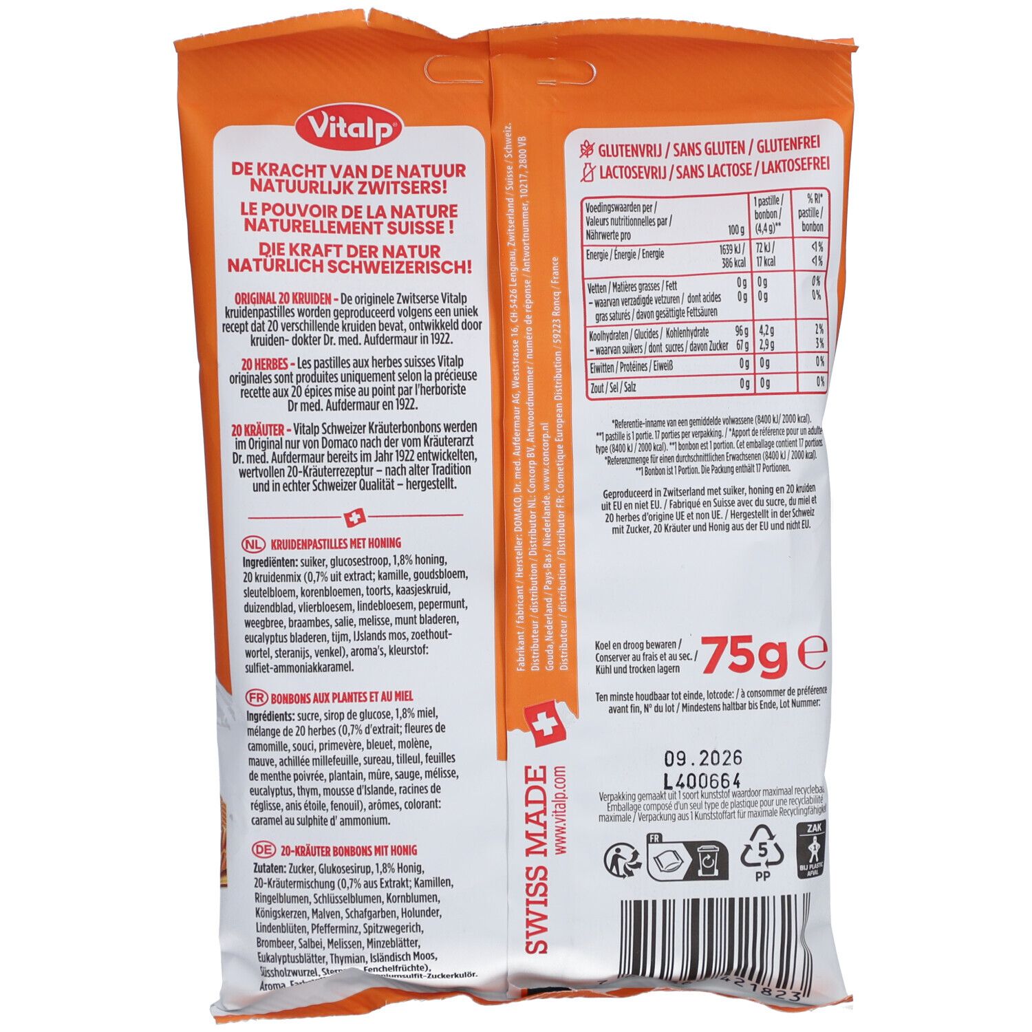 Rückseite der VITALP Bonbon-Verpackung. Text in Deutsch und Französisch. Nährwertangaben und "Swiss Made".