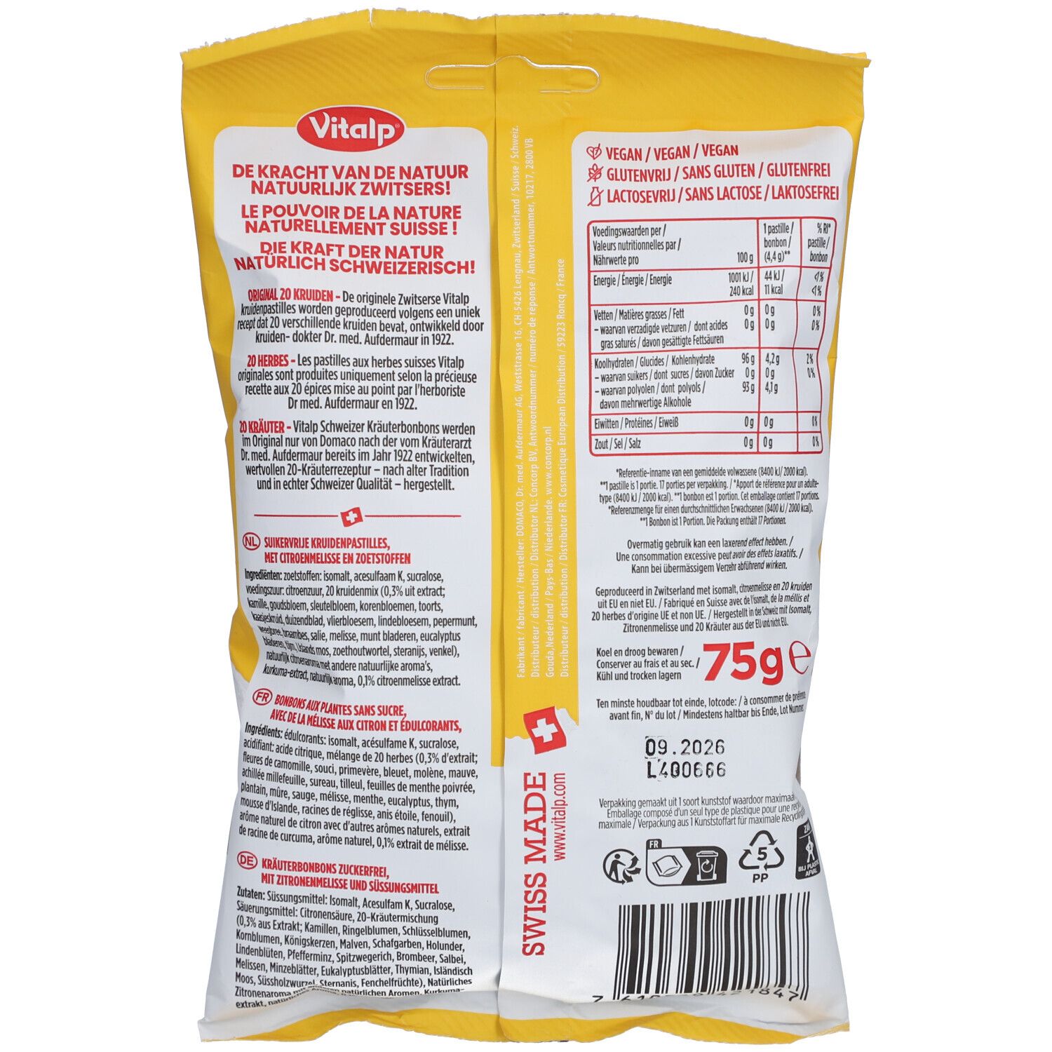 Rückseite der gelben VITALP-Verpackung. Text in Deutsch, Französisch und Italienisch. Enthält Nährwertangaben und Barcode.