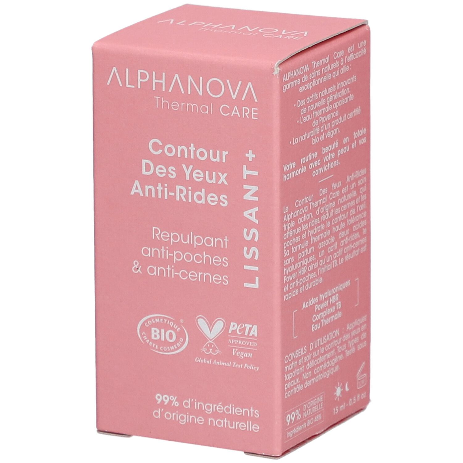 Rosa Verpackung. Text: ALPHANOVA Thermal Care, Contour des Yeux Anti-Rides, Repulpant anti-poches & anti-cernes. Bio-Zertifizierung.