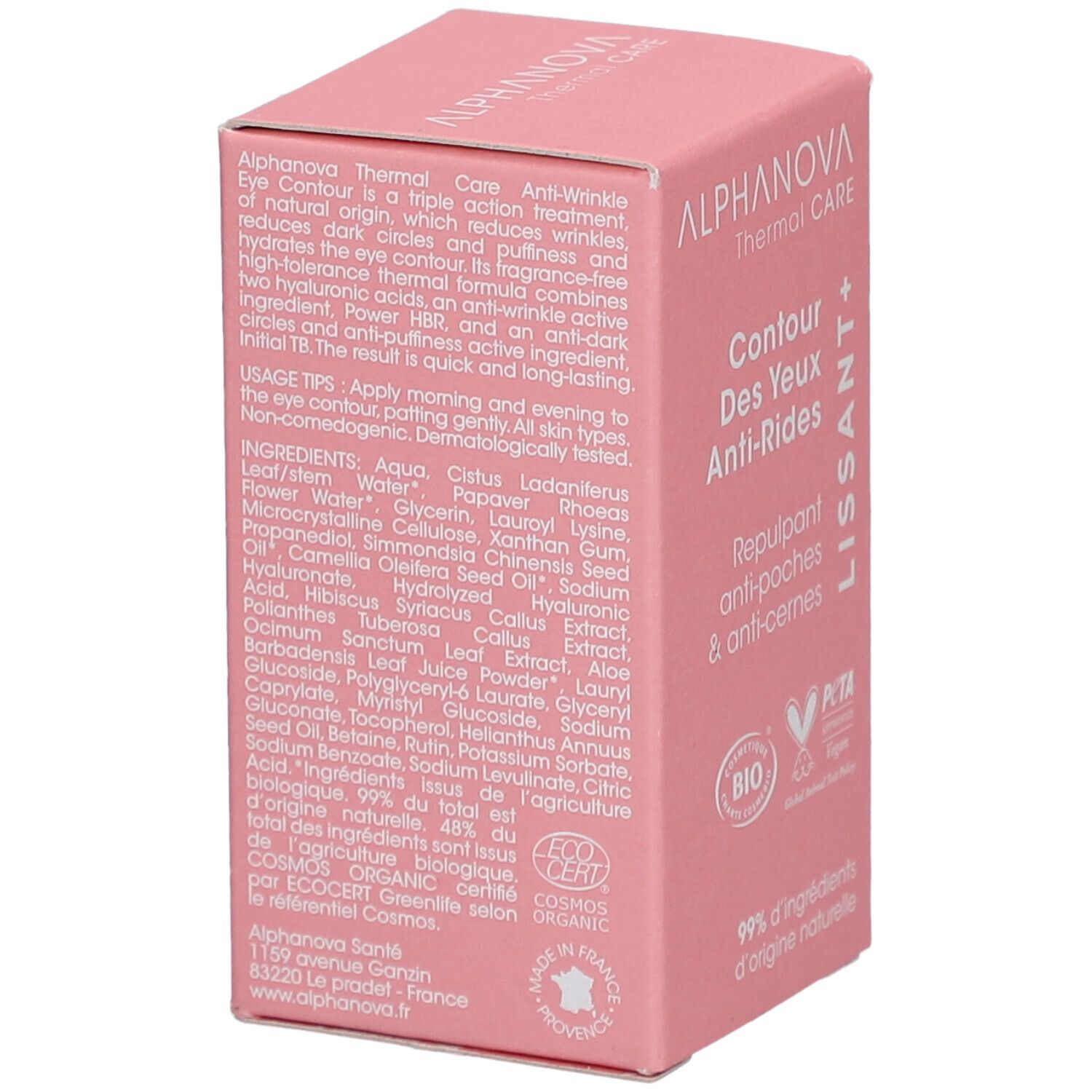 Rosa Verpackung. Text: ALPHANOVA Thermal Care, Anti-Wrinkle Eye Contour. Inhaltsstoffe und Zertifizierungen. PETA-Logo.