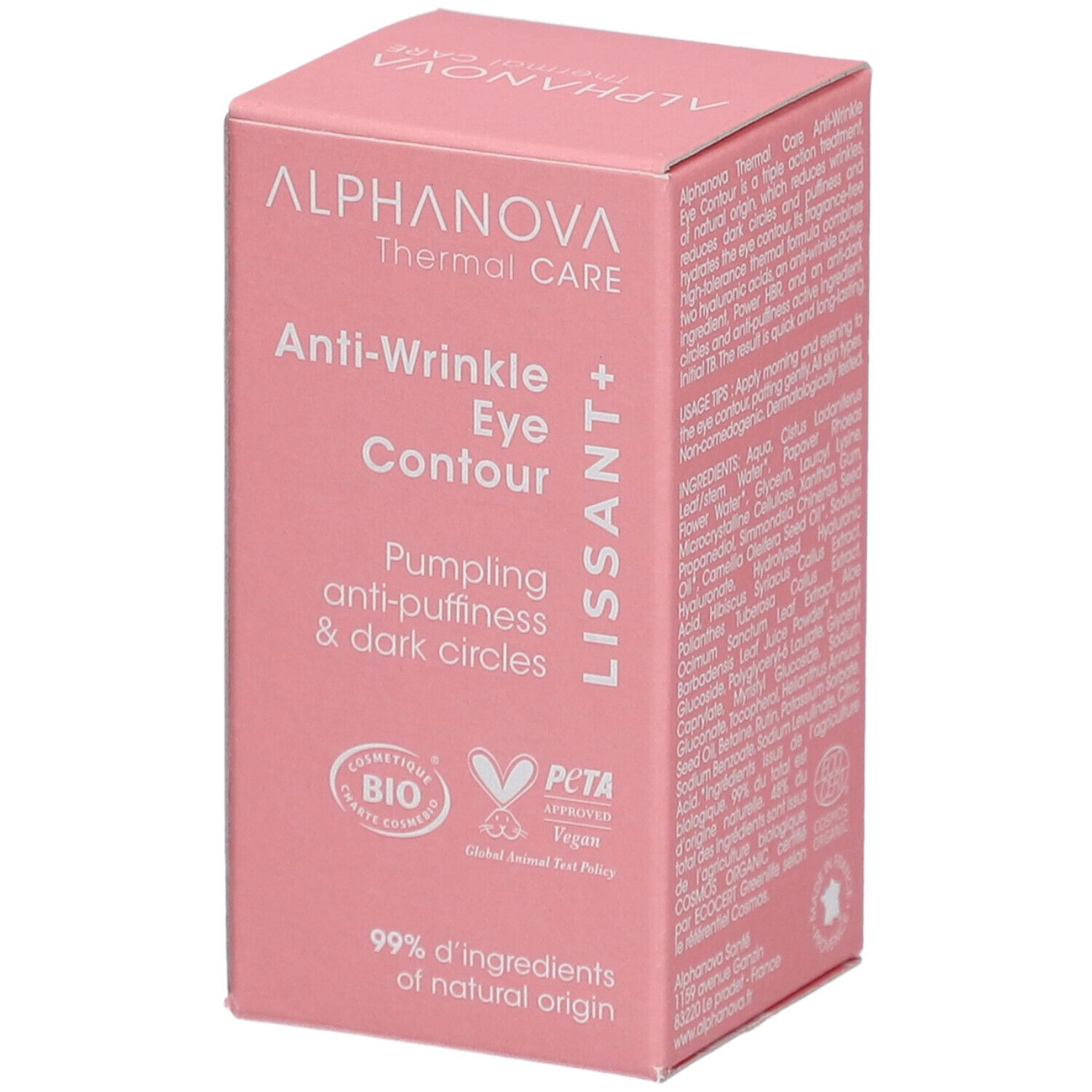 Rosa Verpackung. Text: ALPHANOVA Thermal Care, Anti-Wrinkle Eye Contour, Pumping anti-puffiness & dark circles. Bio-Zertifizierung.