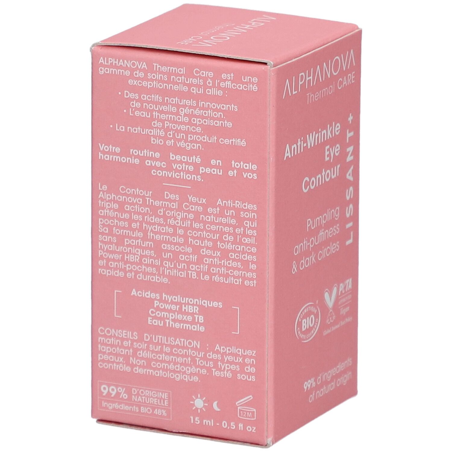 Rosa Verpackung. Text: ALPHANOVA Thermal Care, Anti-Wrinkle Eye Contour. Inhaltsangabe und Anwendungshinweise. 15 ml.