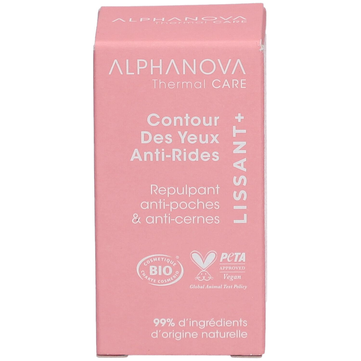 Rosa Verpackung. Text: ALPHANOVA Thermal Care, Contour des Yeux Anti-Rides, Repulpant anti-poches & anti-cernes. Bio-Zertifizierung.