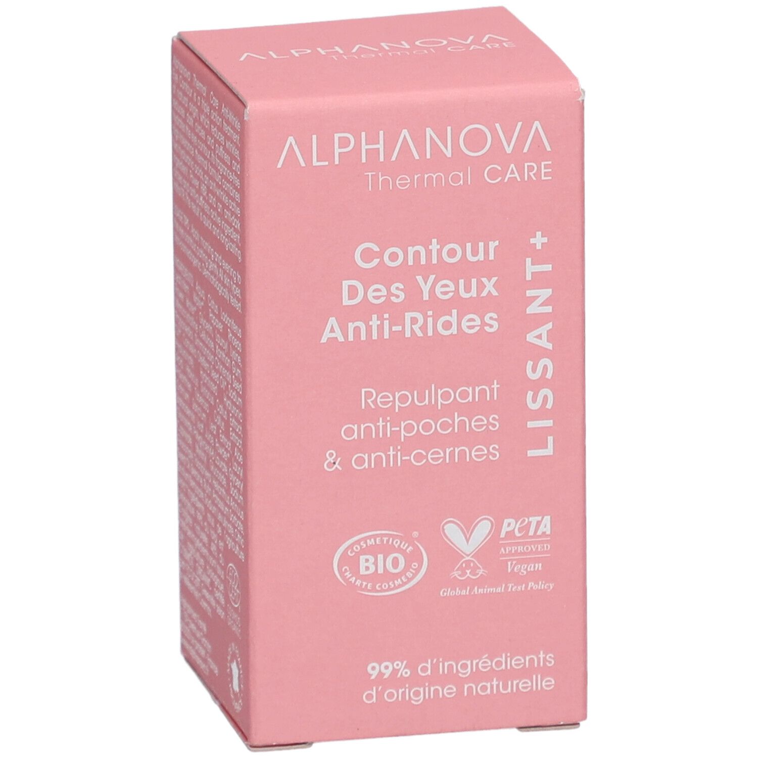 Rosa Verpackung. Text: ALPHANOVA Thermal Care, Contour des Yeux Anti-Rides, Repulpant anti-poches & anti-cernes. Bio-Zertifizierung.