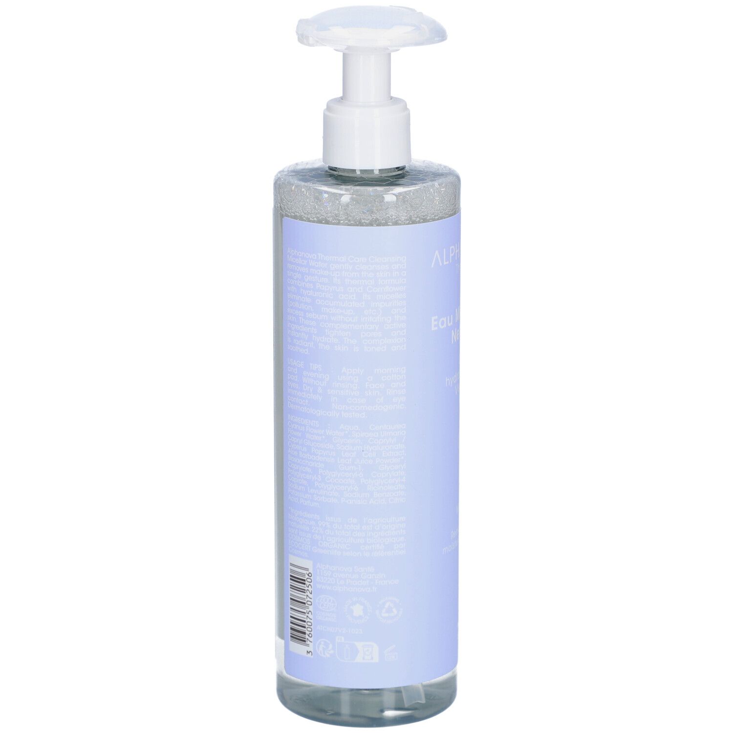 ALPHANOVA Eau Micellaire Nettoyante. Rückseite der Flasche. Text auf blauem Etikett. Barcode.