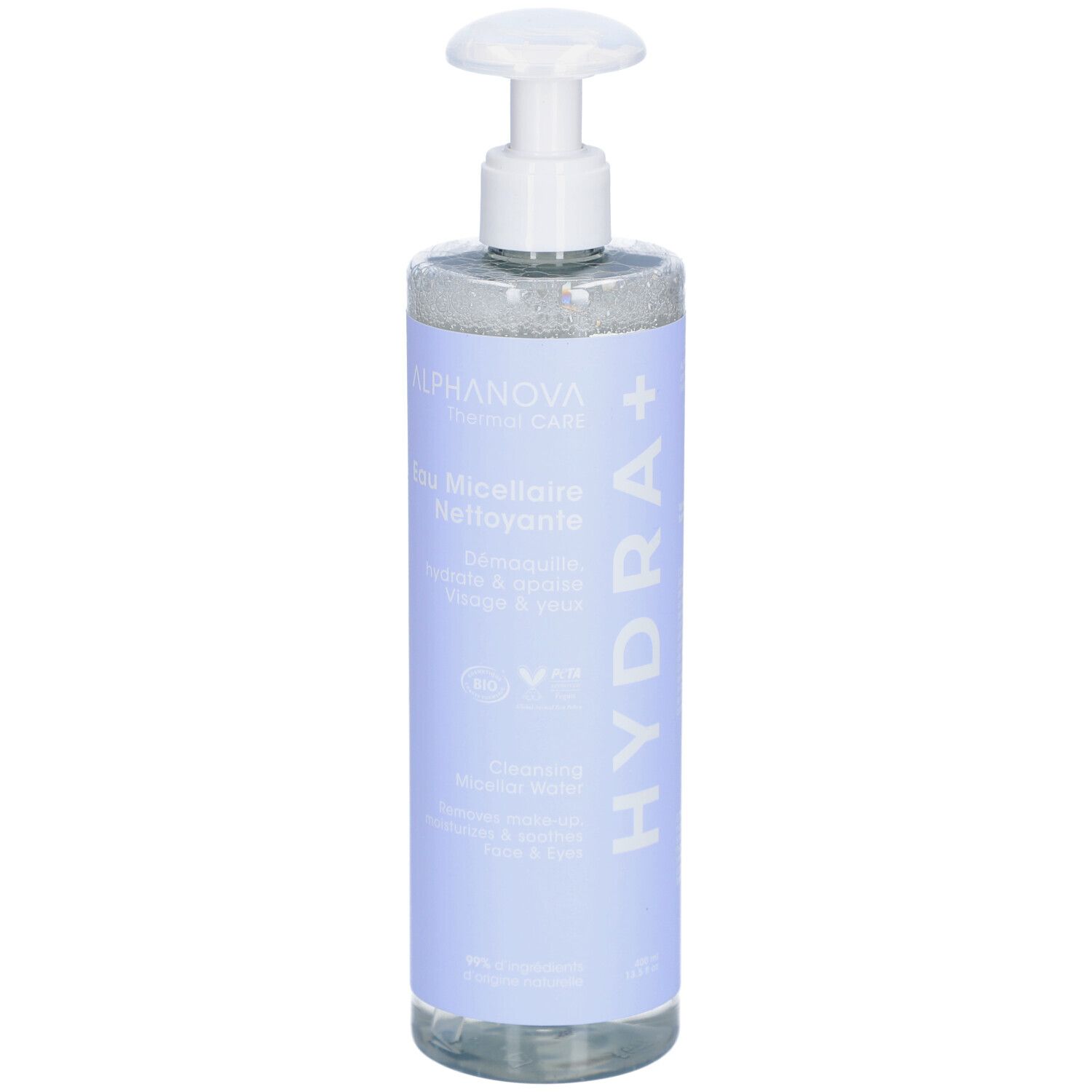 ALPHANOVA Eau Micellaire Nettoyante. Flasche mit Pumpverschluss. Blaues Etikett mit Produktnamen und Logo.