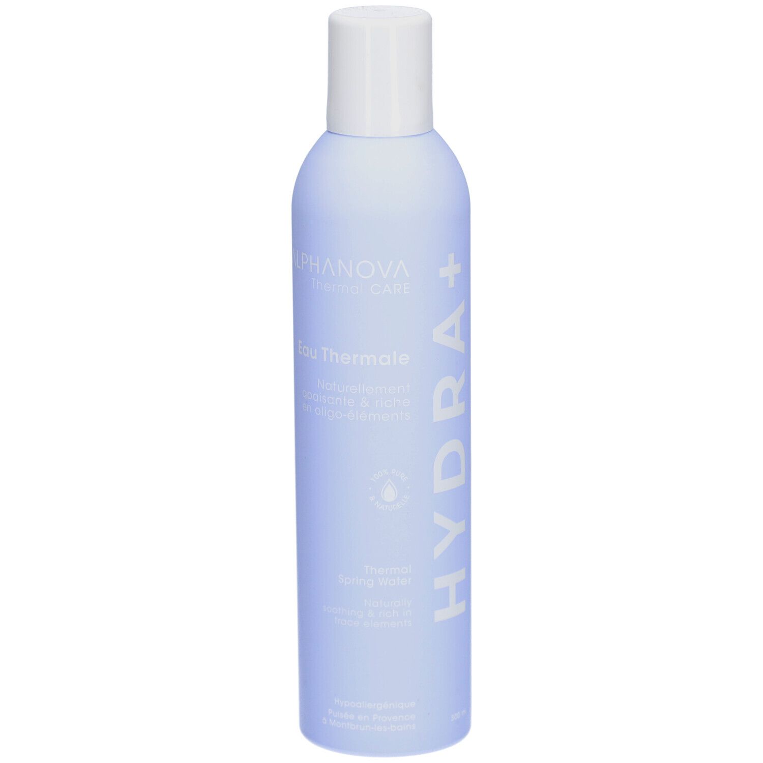 Hellblaue Flasche mit weißem Deckel. Aufschrift: ALPHANOVA Thermal Care, Eau Thermale, Hydra+.