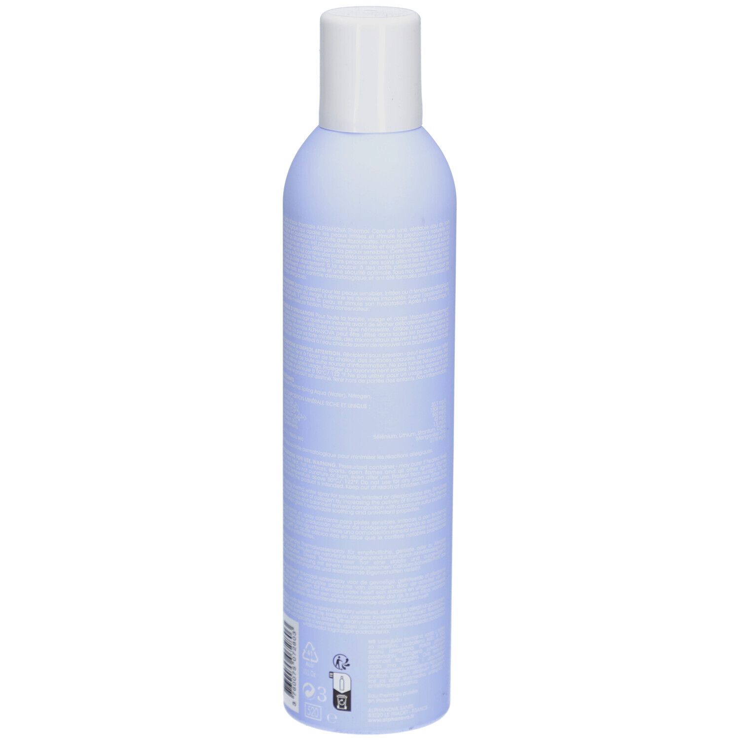 Hellblaue Flasche mit weißem Deckel. Text auf der Rückseite. Produktname nicht sichtbar.