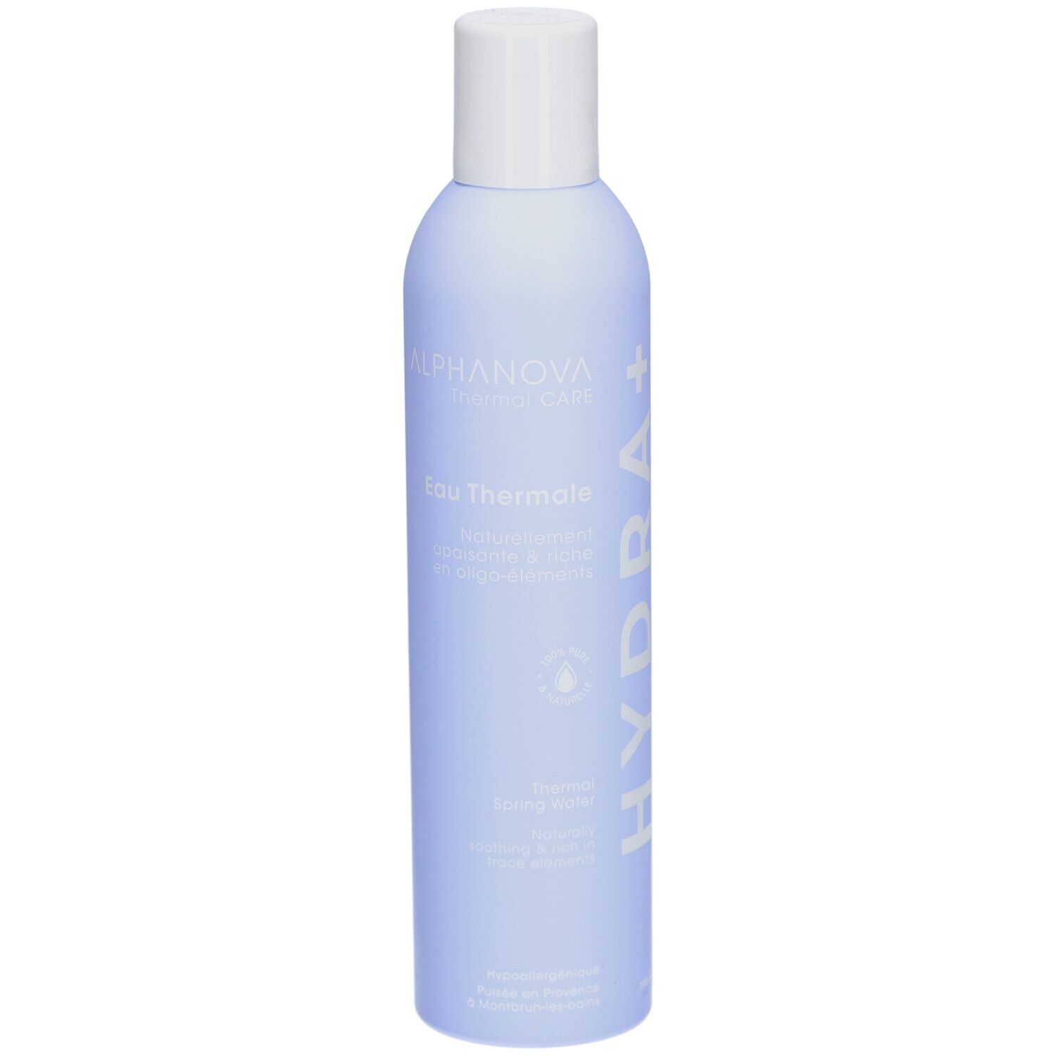 Hellblaue Flasche mit weißem Deckel. Aufschrift: ALPHANOVA Thermal Care, Eau Thermale, Hydra+.