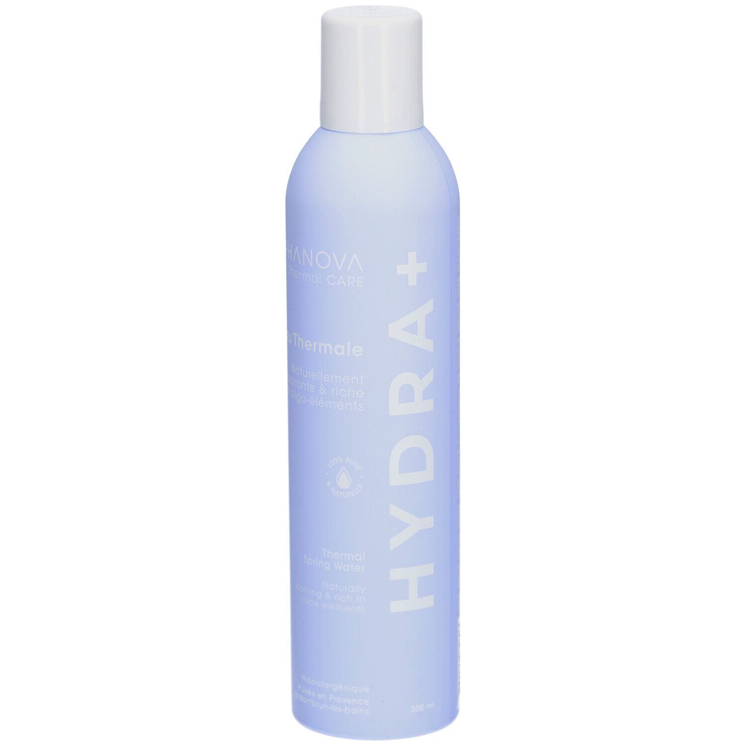 Hellblaue Flasche mit weißem Deckel. Aufschrift: ALPHANOVA Thermal Care, Eau Thermale, Hydra+.