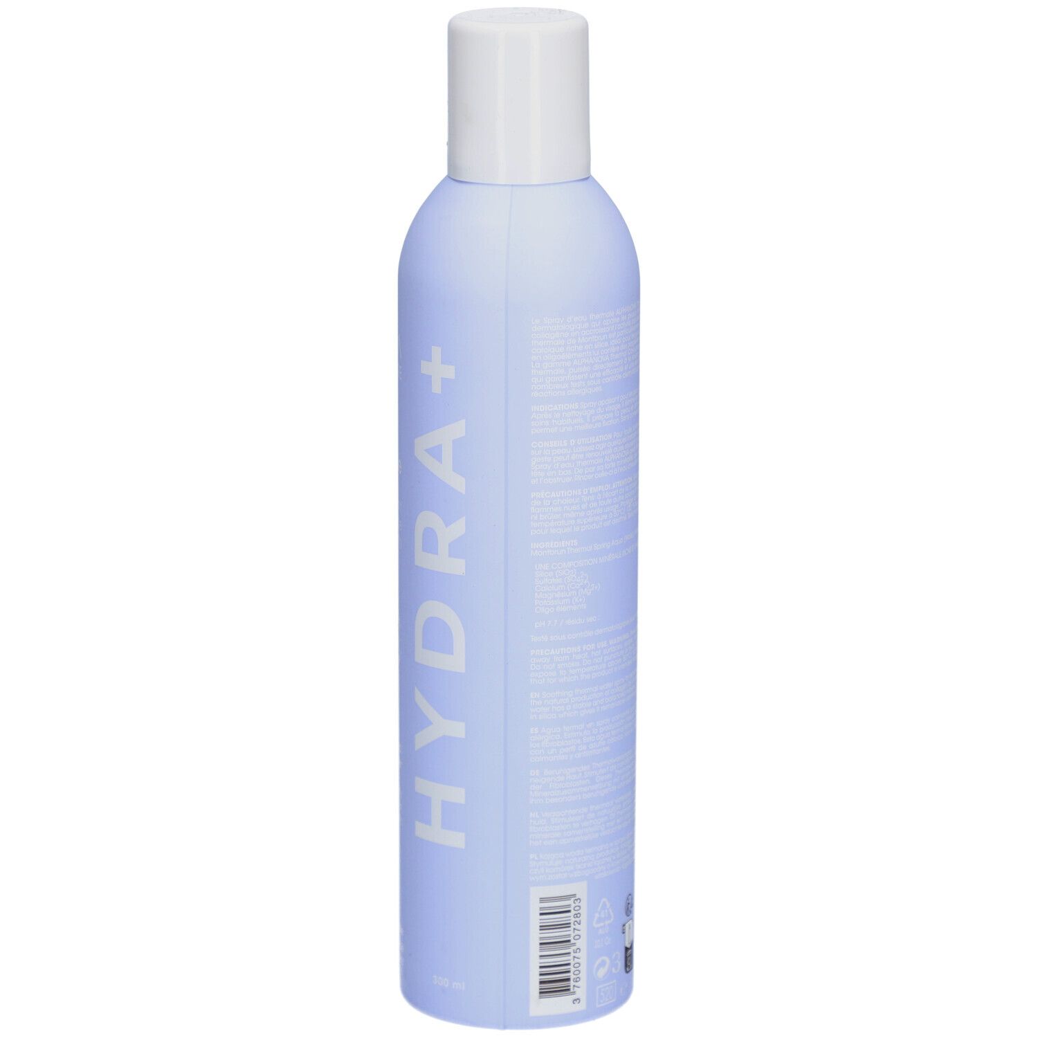 Hellblaue Flasche mit weißem Deckel. Text auf der Rückseite. Produktname nicht sichtbar.