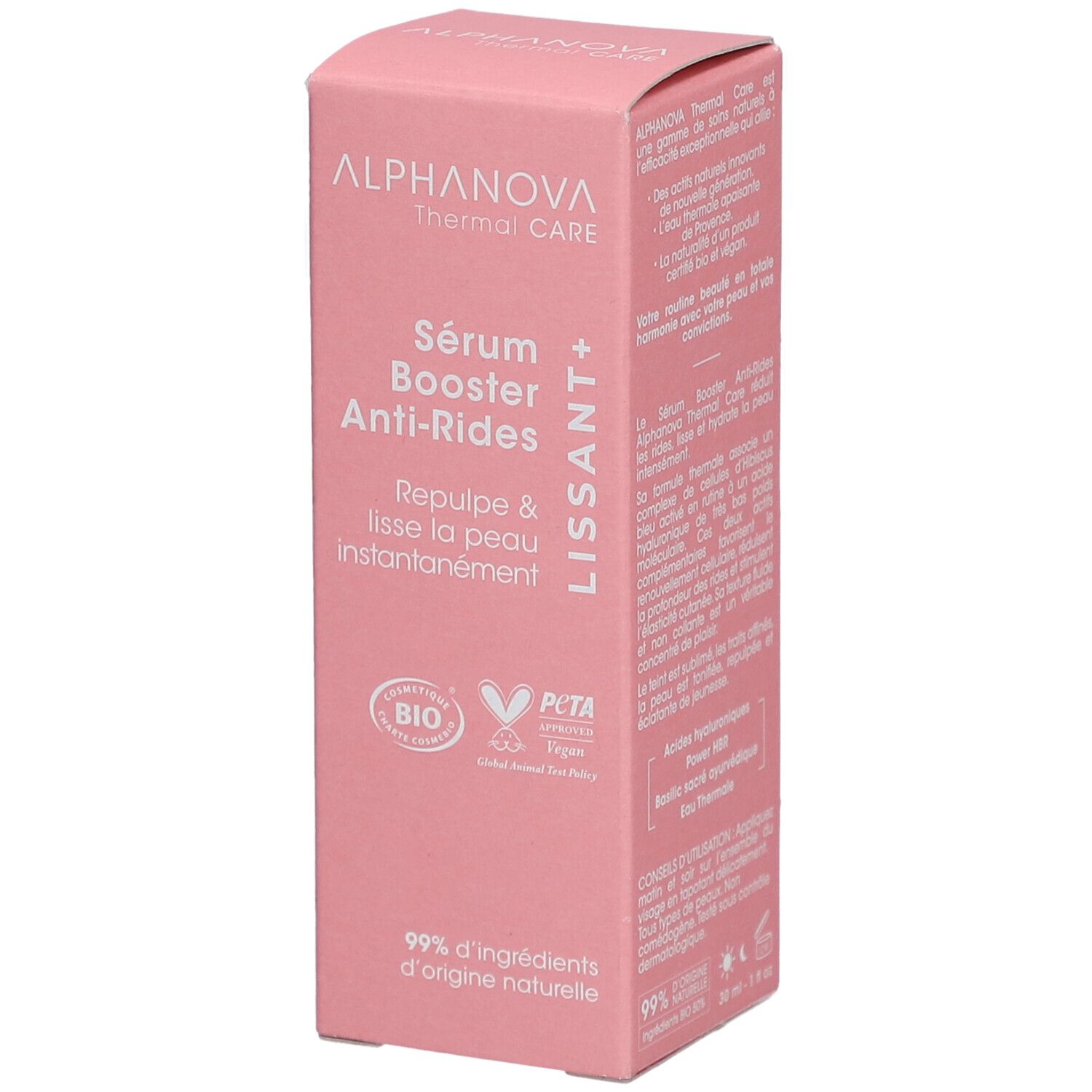 Boîte rose avec informations produit. Texte: ALPHANOVA Thermal Care, Sérum Booster Anti-Rides, certification BIO, logo PETA.