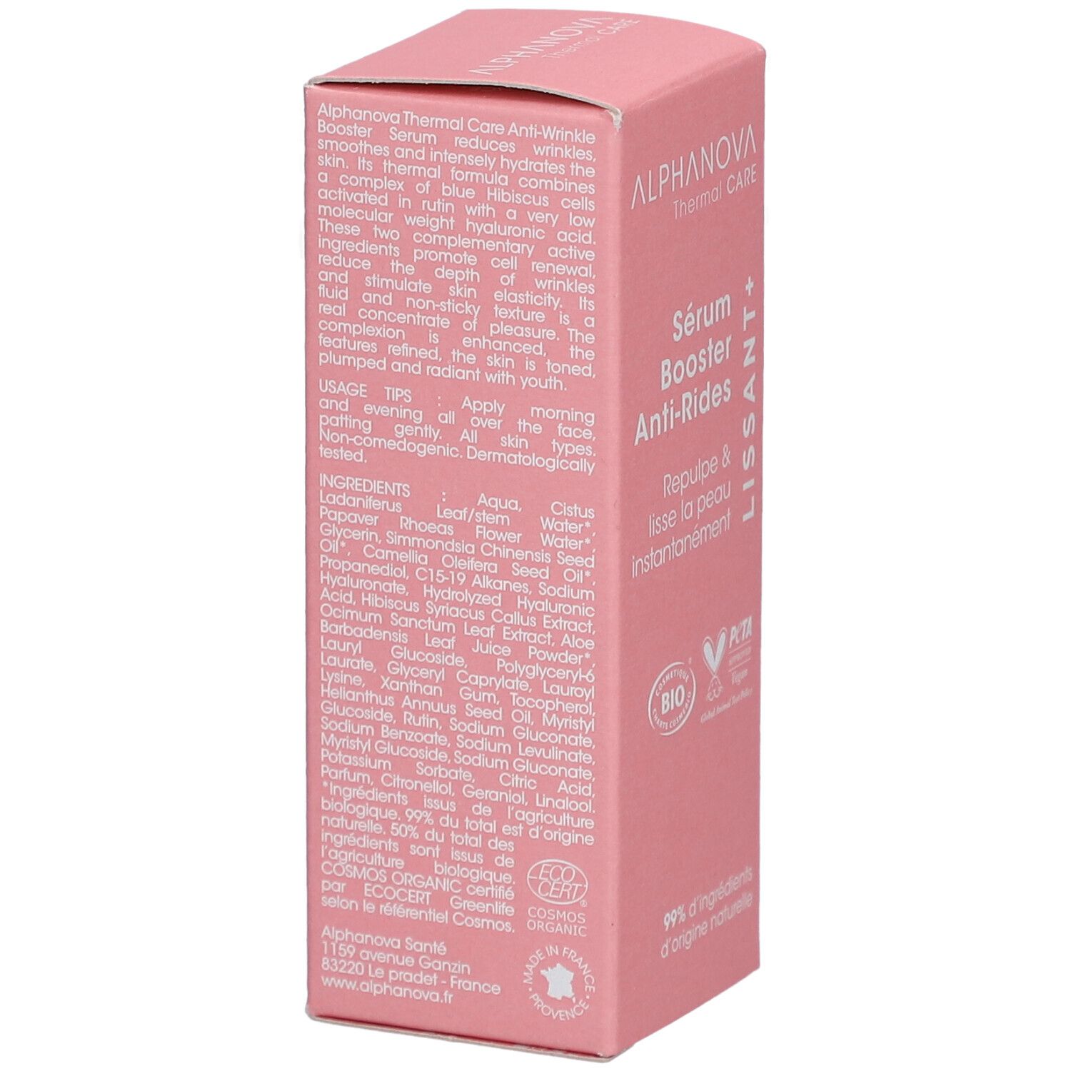 Boîte rose, dos avec ingrédients et informations produit. Texte: ALPHANOVA, ingrédients, ECOCERT, Fabriqué en France.