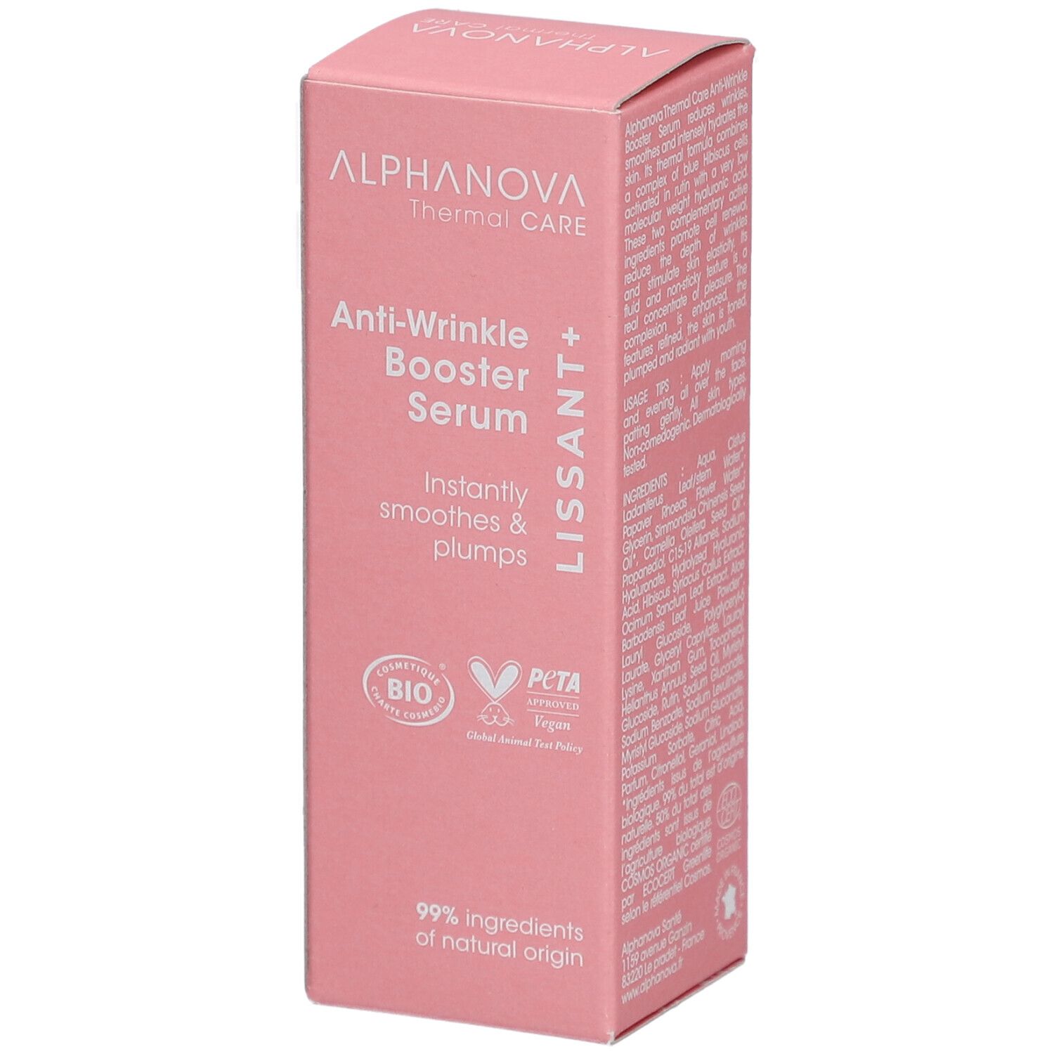 Boîte rose avec informations produit. Texte: Anti-Wrinkle Booster Serum, certification BIO, logo PETA, 99% ingrédients naturels.