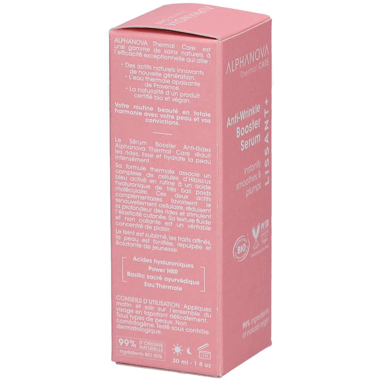 Boîte rose avec informations produit. Texte: ALPHANOVA Thermal Care, Anti-Wrinkle Booster Serum, certification BIO, logo PETA.