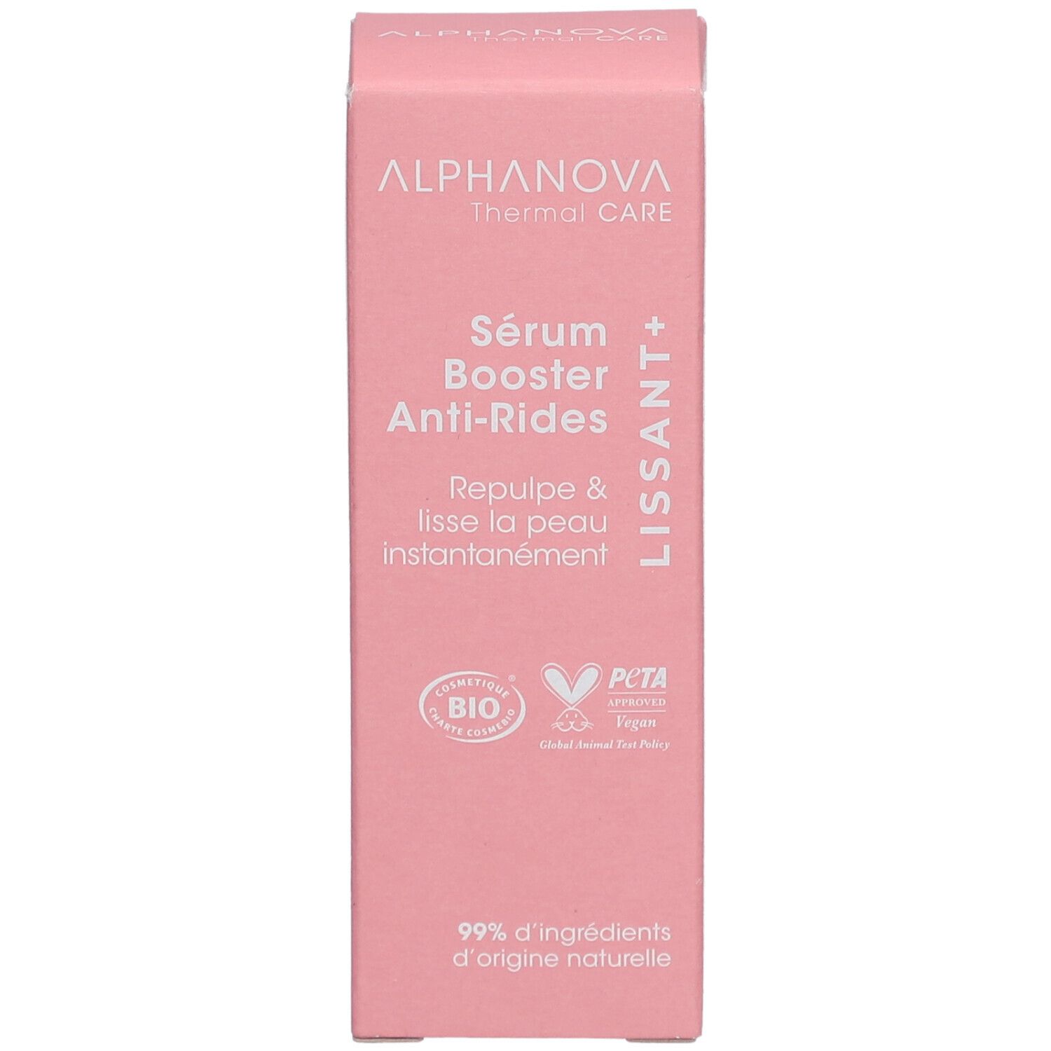 Boîte rose avec informations produit. Texte: ALPHANOVA Thermal Care, Sérum Booster Anti-Rides, certification BIO, logo PETA.